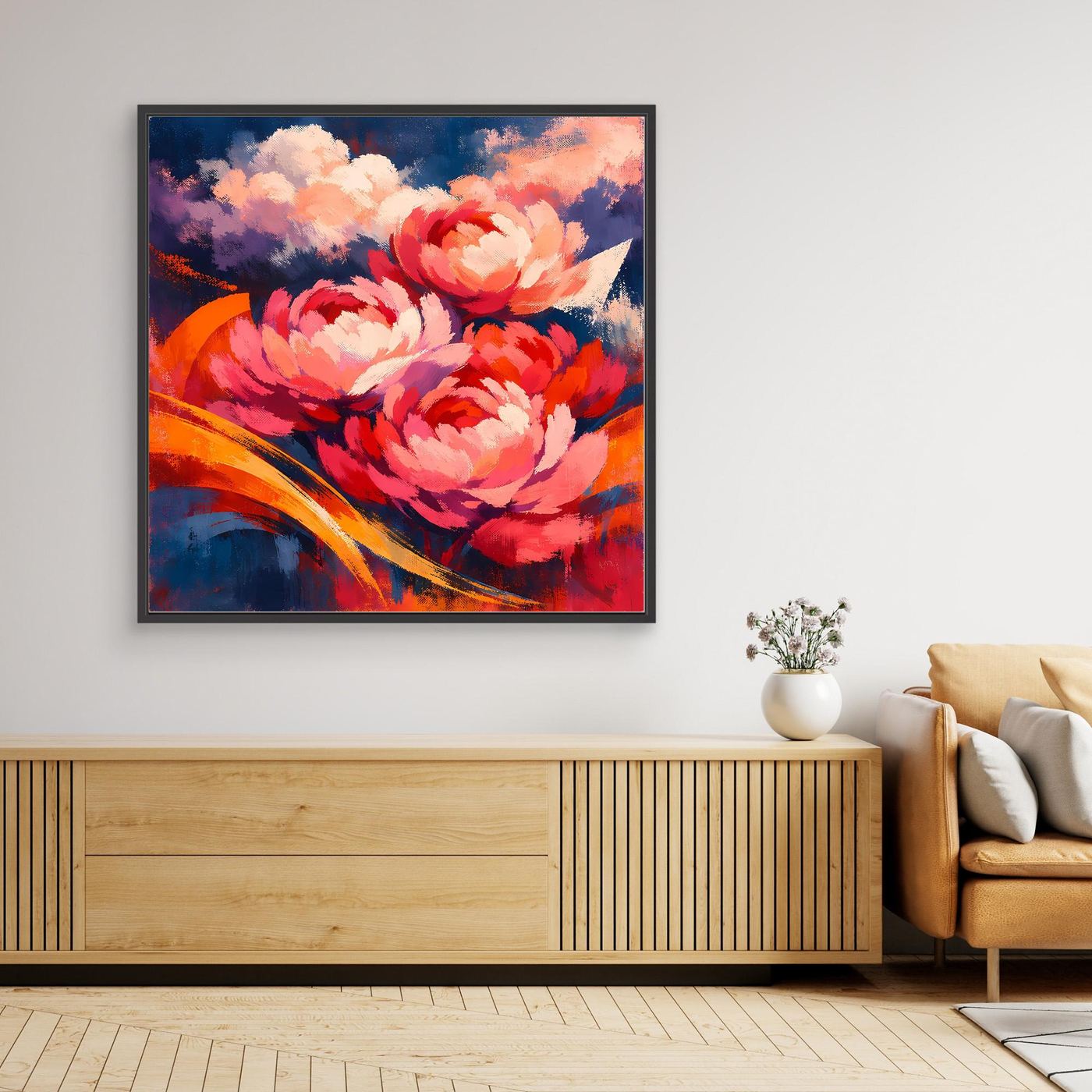 Leinwandbild mit abstrakten Pfingstrosen in Rot und Pink, mit schwarzem Rahmen