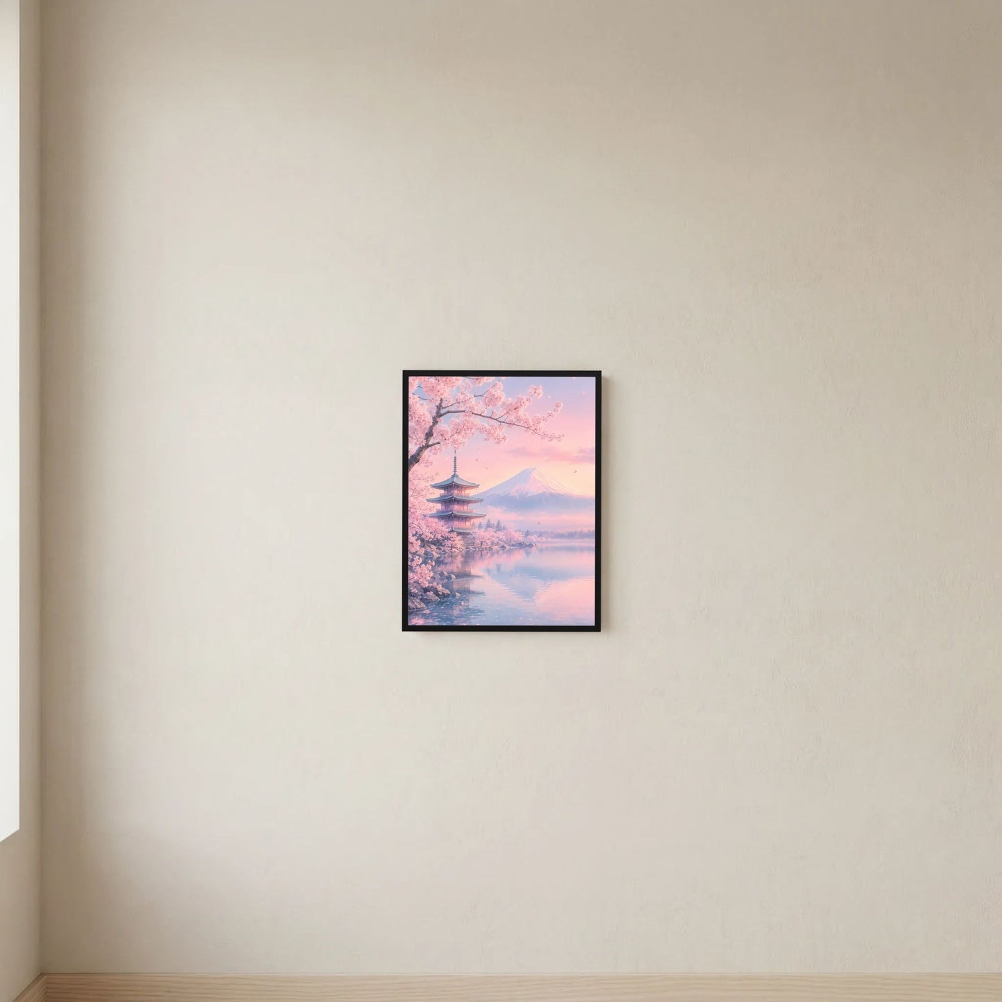 Hochformat-Poster mit Kirschblüten, Fuji und Pagode in Pastellrosa, klein und schwarz gerahmt