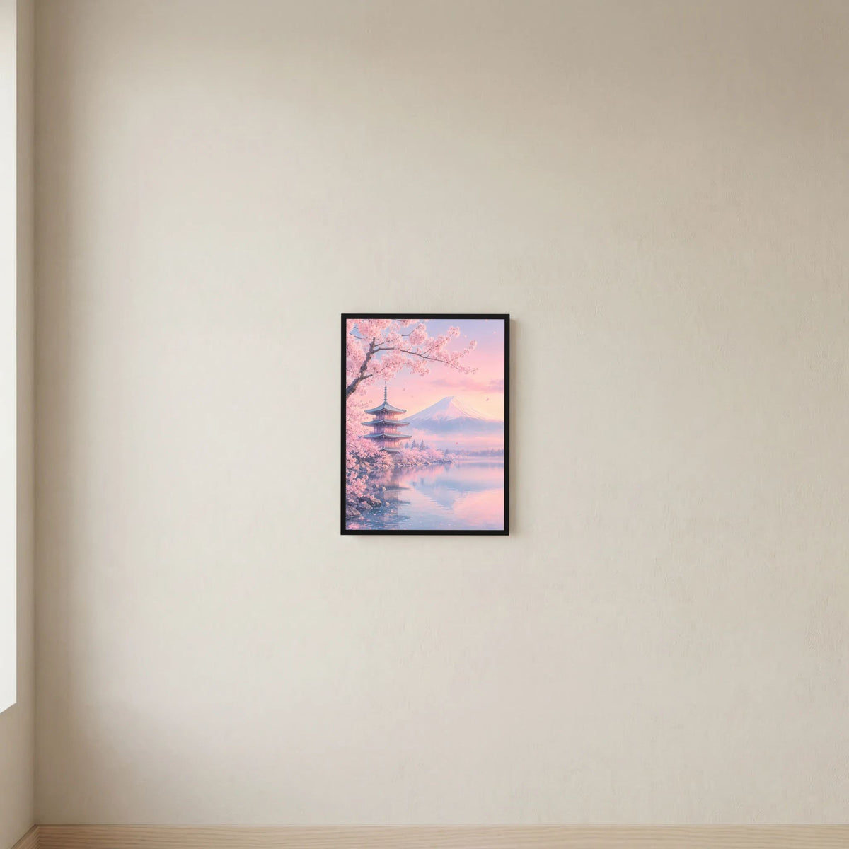 Hochformat-Poster mit Kirschblüten, Fuji und Pagode in Pastellrosa, klein und schwarz gerahmt