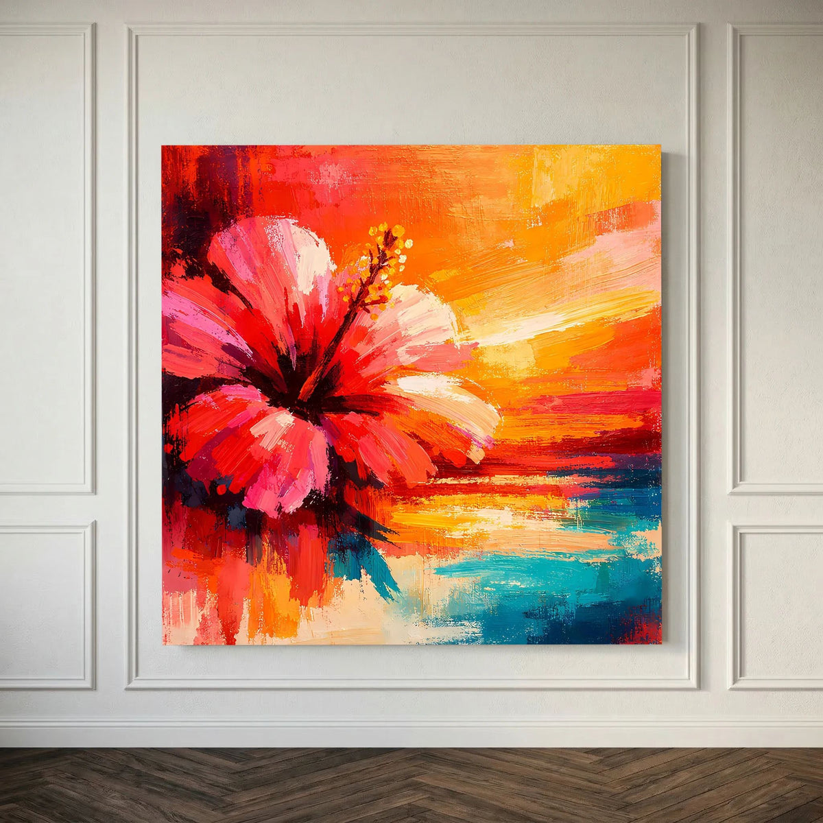 Leinwand-Wandbild: abstrakte Hibiskusblüte in Rot/Orange/Türkis, im weißen Rahmen