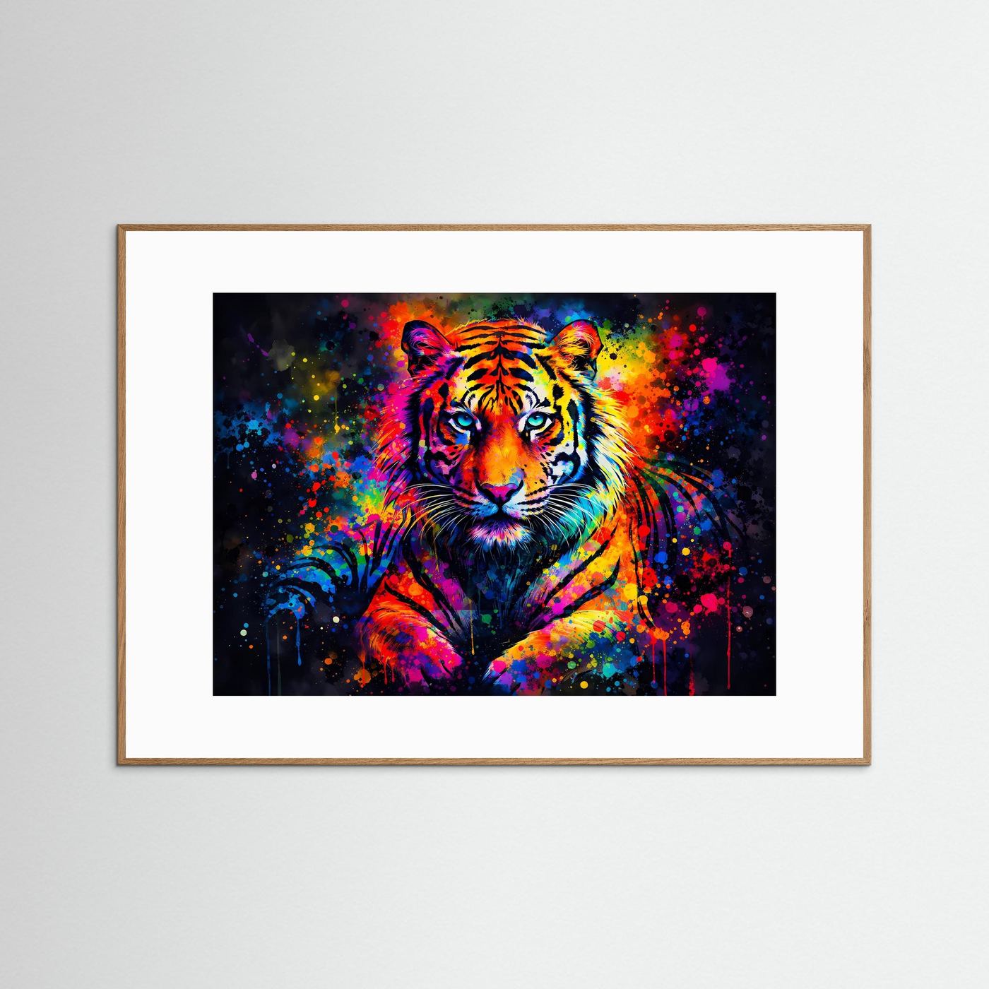 Tiger-Tierposter im Pop-Art-Stil im hellbraunen Holzrahmen