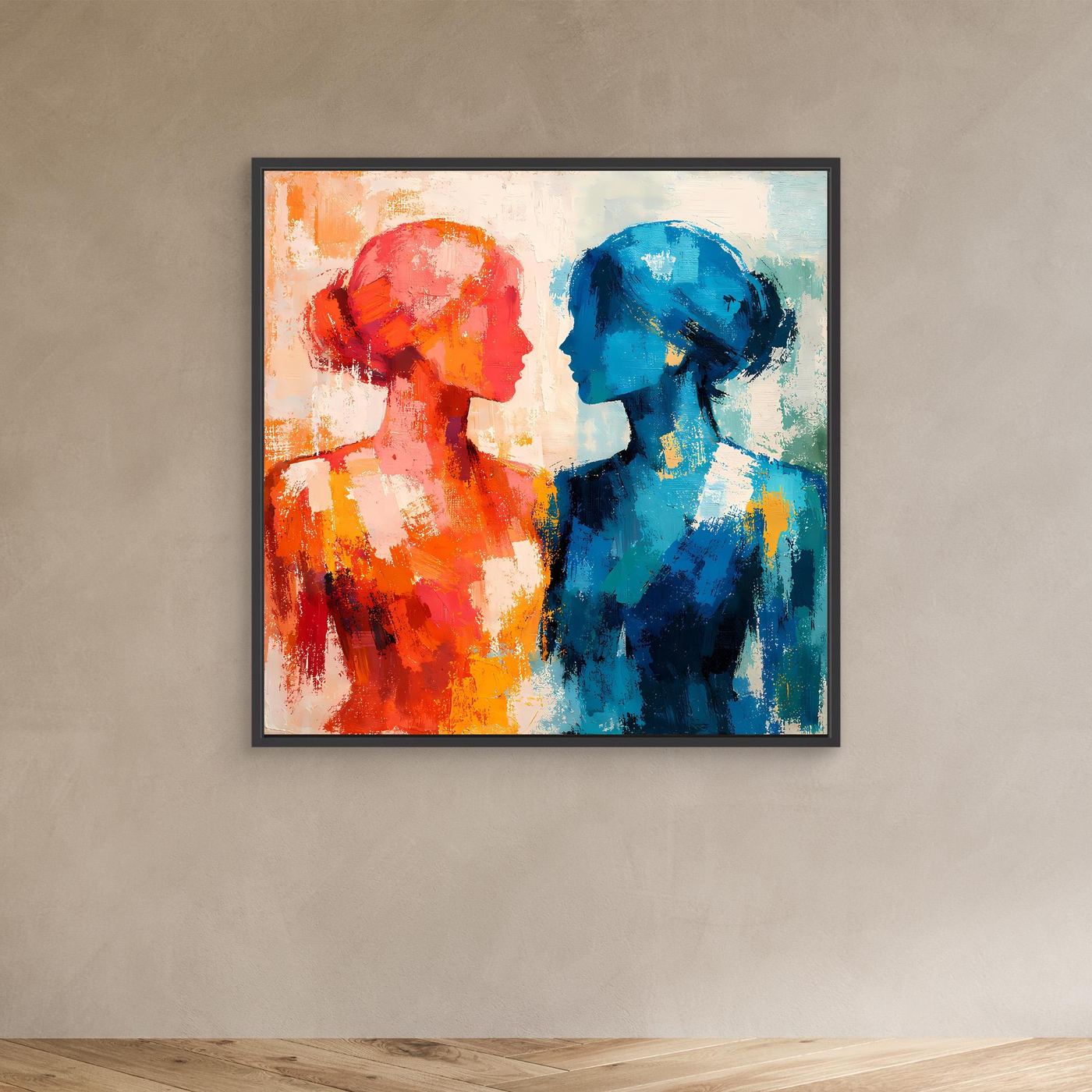 Wandbild mit abstraktem Porträtpaar: rote und blaue Silhouetten im Profil, im schwarzen Rahmen