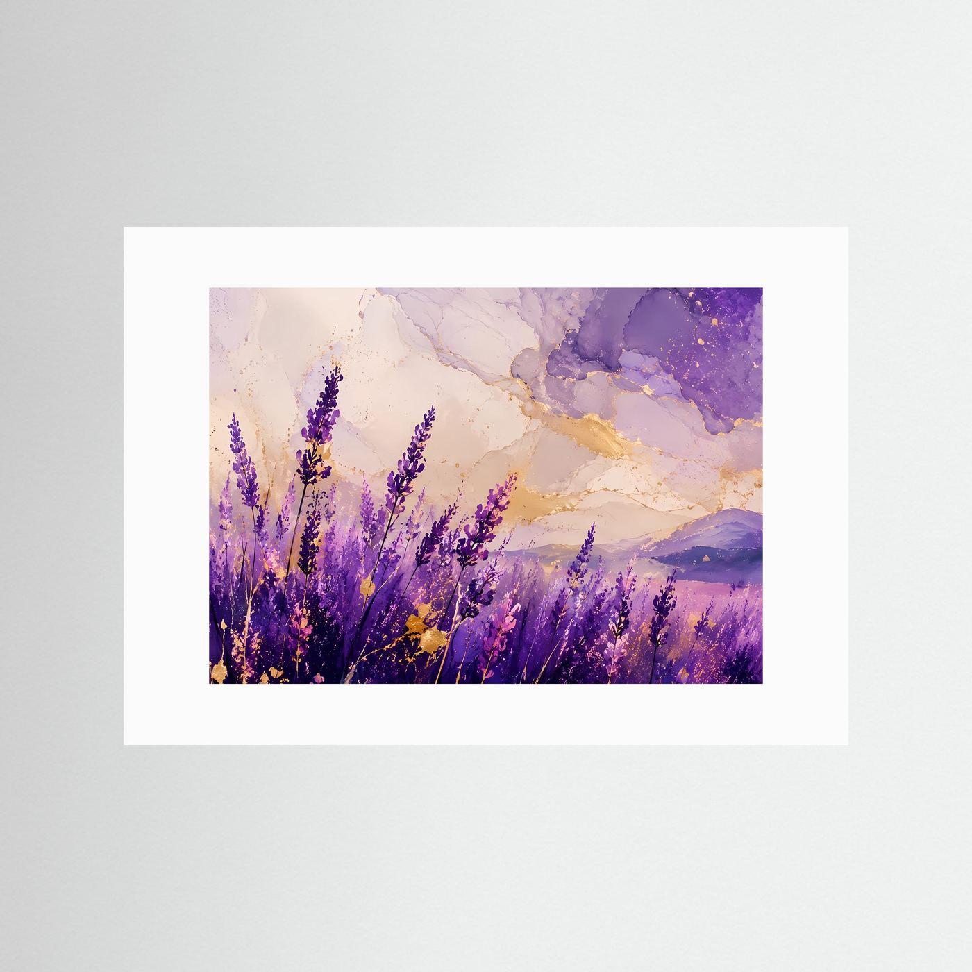Lavendelfeld Poster | Abstrakte Lavendel Landschaft | Lila Blumen Wandbild | Gold Akzent Kunst | Premium Leinwandbild