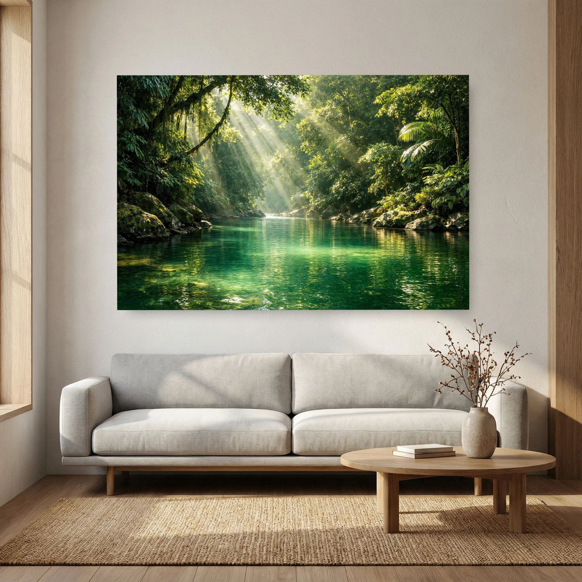 Querformat-Poster mit Dschungel-Flusslandschaft, dichtem Grün an beiden Ufern