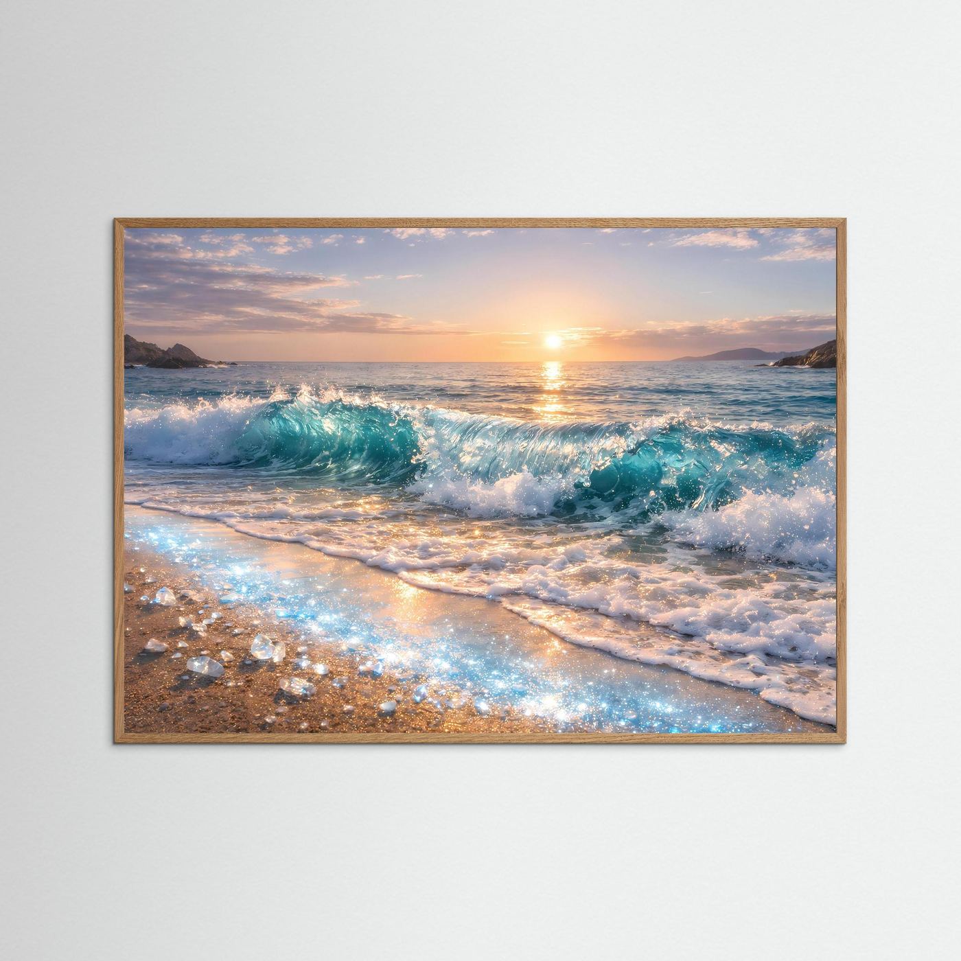 Poster Meereswelle am Sandstrand | Goldener Sonnenuntergang Wandbild