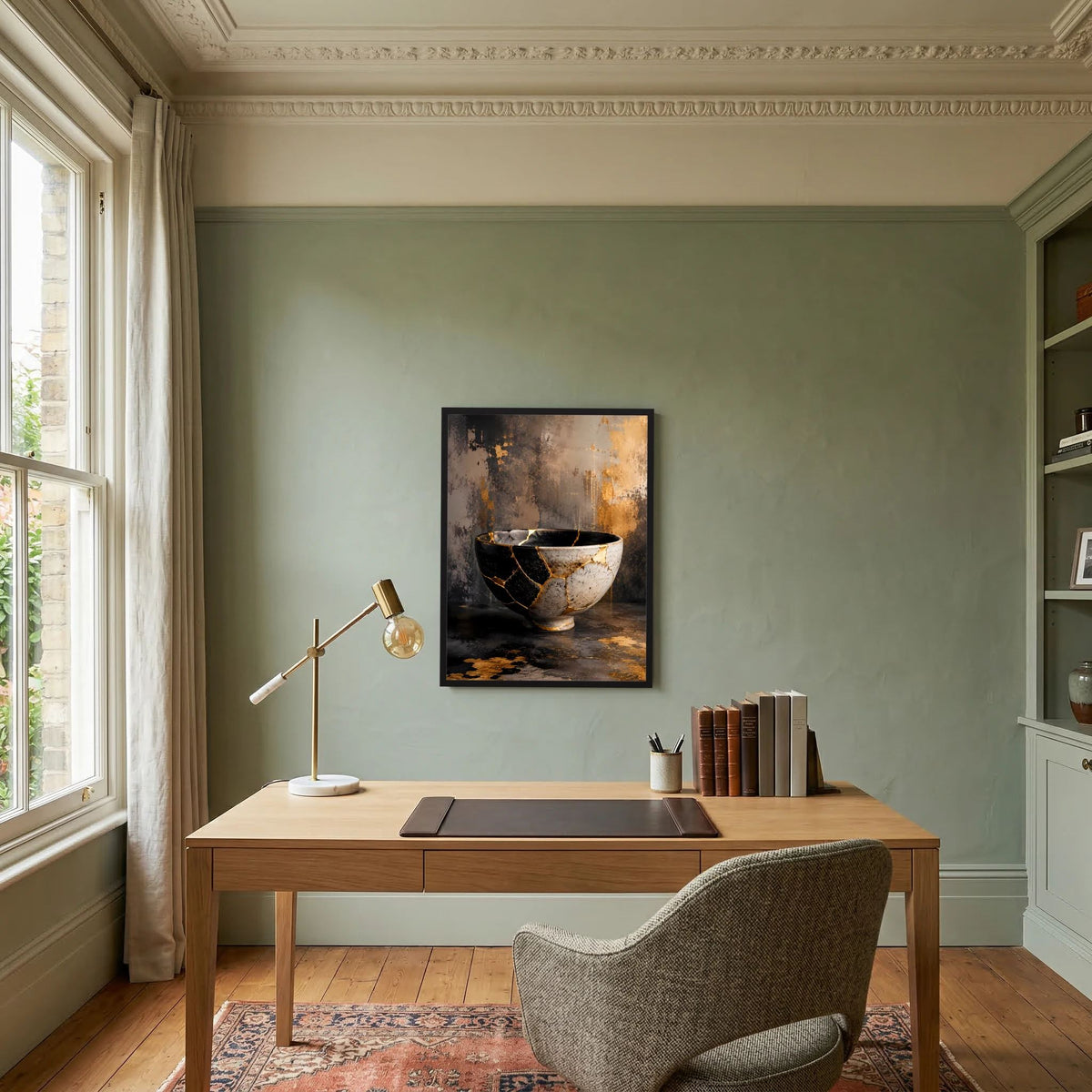 Gerahmtes Poster mit Kintsugi-Schale in Schwarz, Weiß und Gold, Schale mit goldenen Fugen