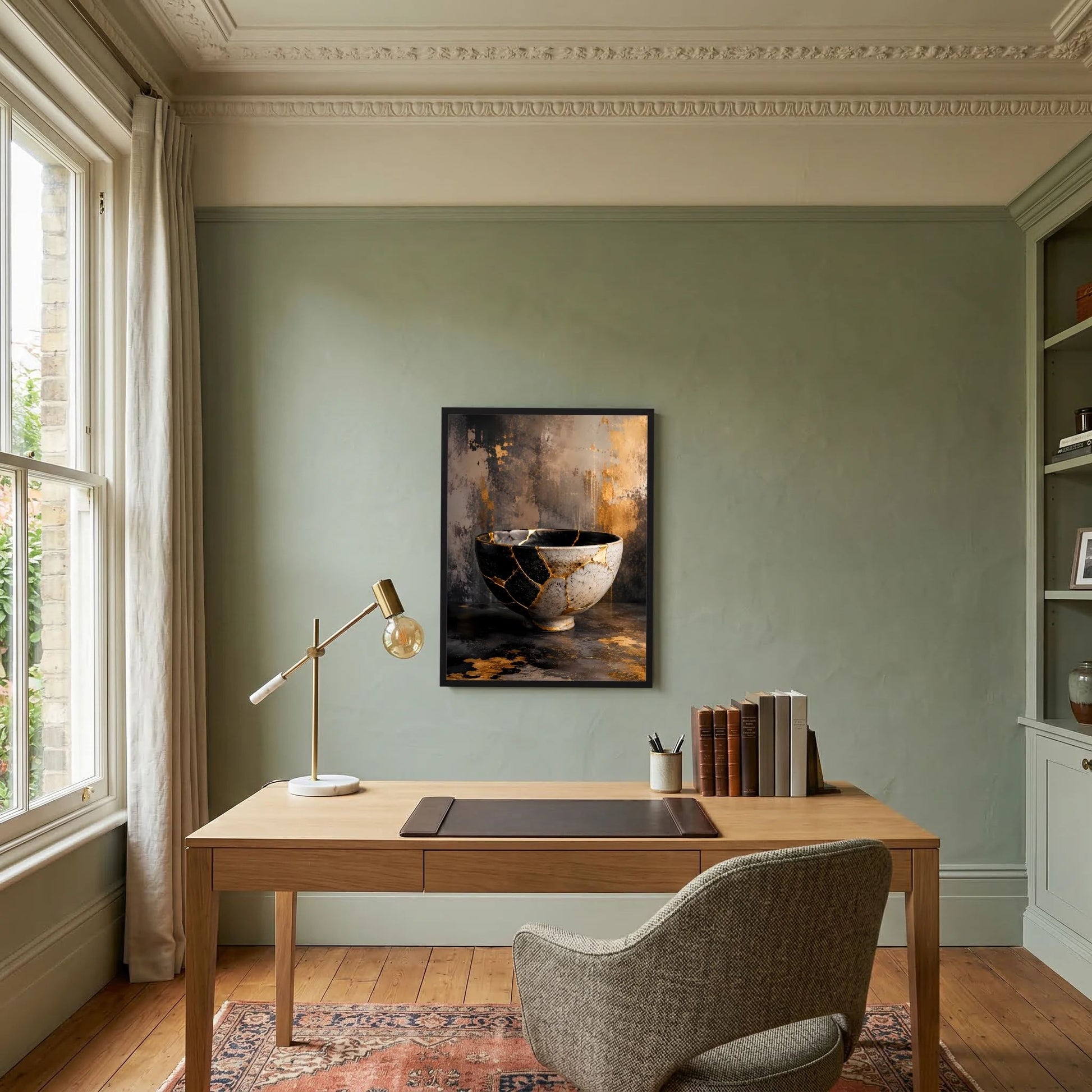 Gerahmtes Poster mit Kintsugi-Schale in Schwarz, Weiß und Gold, Schale mit goldenen Fugen