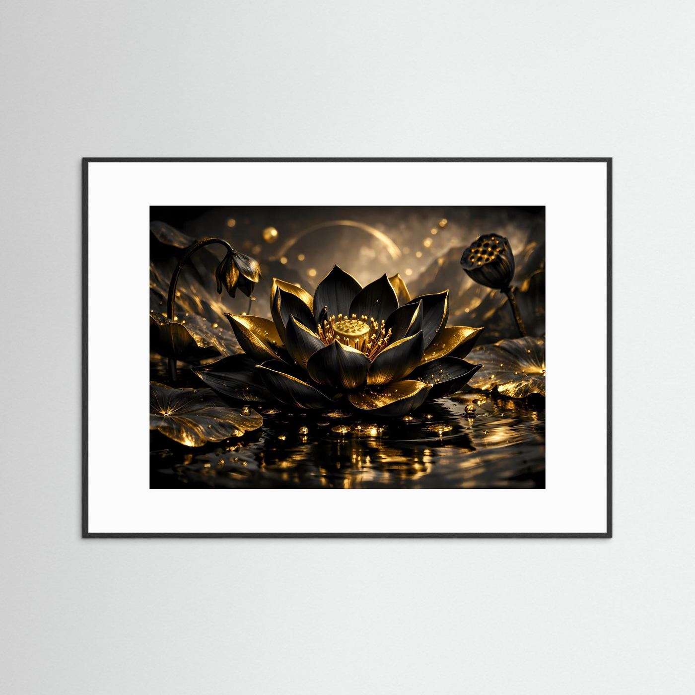 Lotusblüten-Wandbild Querformat, schwarze Lotusblüte mit goldenen Details, schwarz-weiß gerahmt