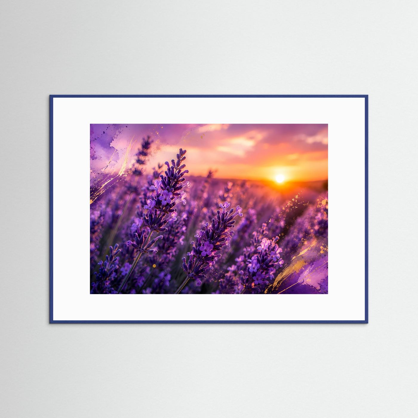 Lavendelfeld im goldenen Sonnenuntergang | Romantisches Lavendel Poster Panorama Querformat in Violett & Gold