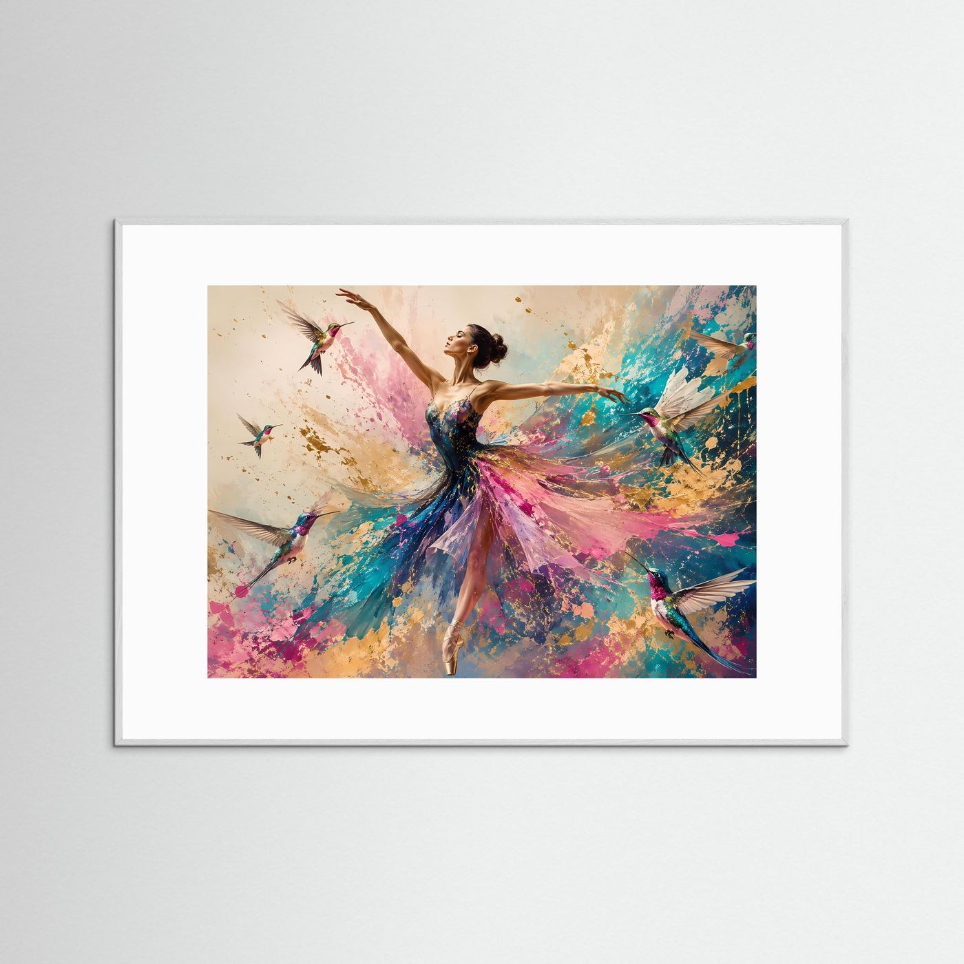 Ballerina mit Kolibris Poster | Elegante Tanzkunst Wandbild | Abstrakte Ballett Kunst | Farbenfroher Fine Art Print | Modernes Wandbild