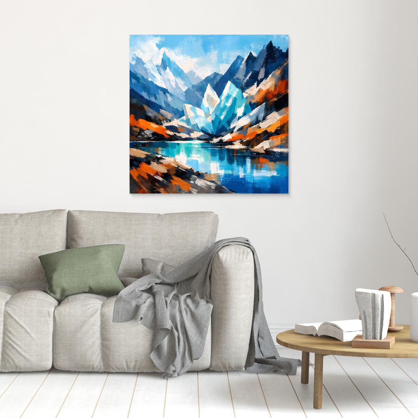 Abstraktes Leinwand-Wandbild mit Berglandschaft und See, blau/türkis, kleiner Druck ohne Rahmen