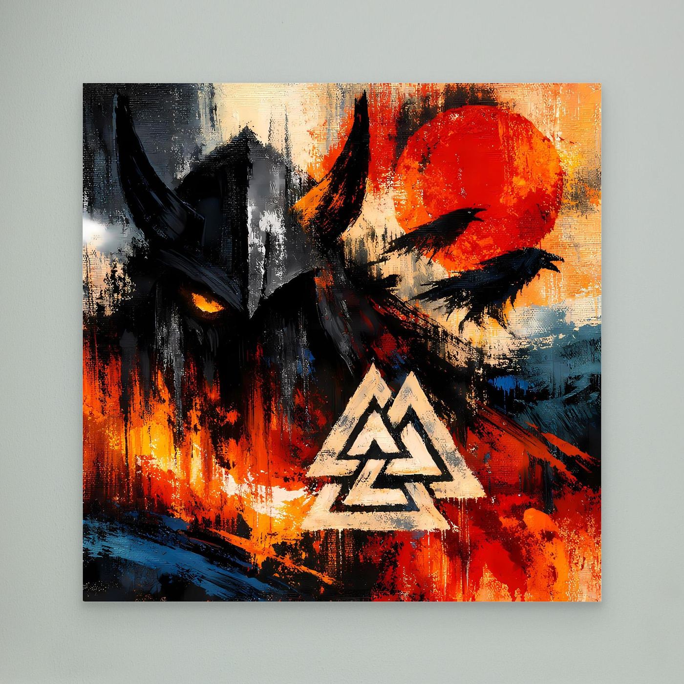 Leinwand-Wandbild mit abstraktem Rabenmotiv und Valknut-Symbol