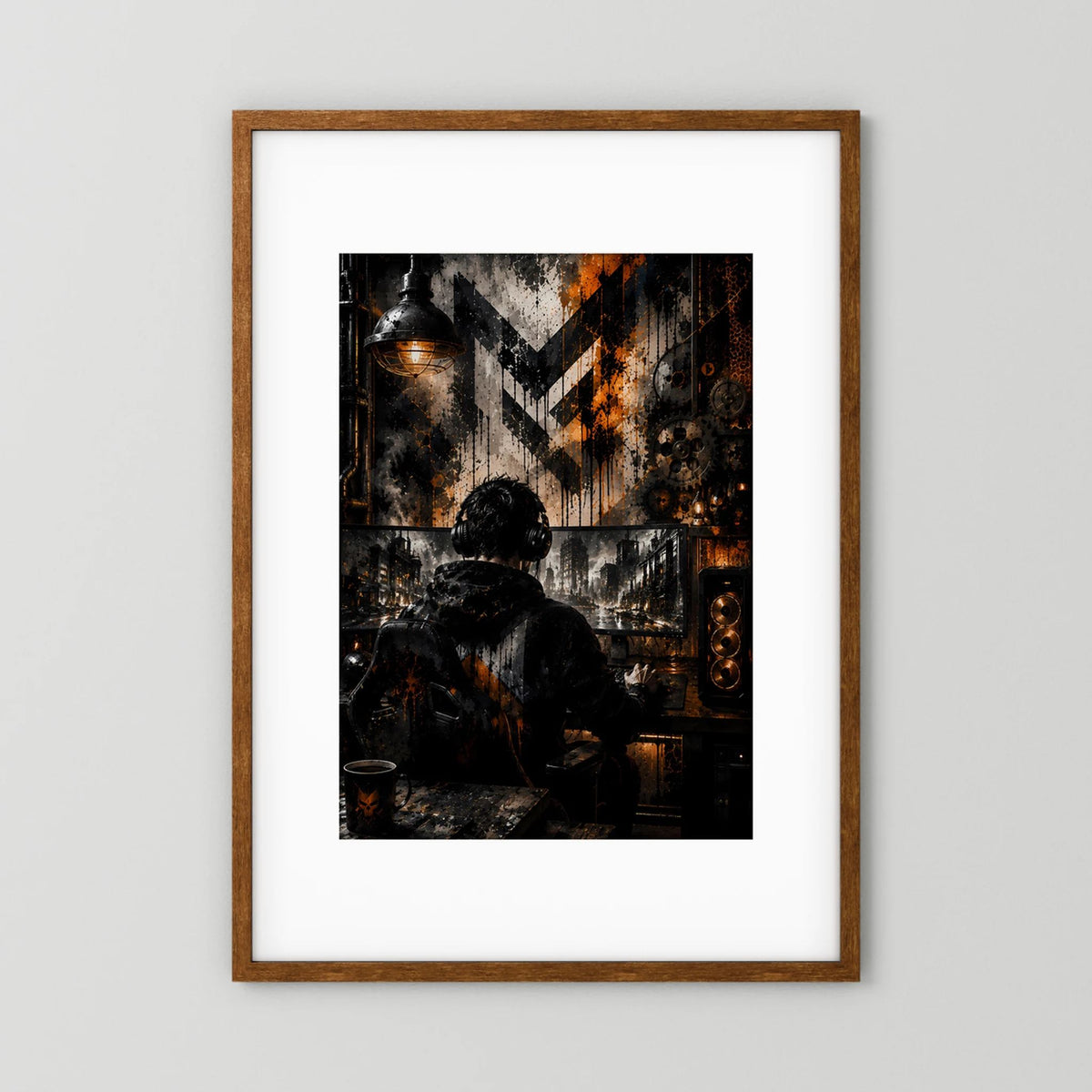 Gamer am PC in Schwarz & Orange | Industrial Gaming Art | Poster Hochformat