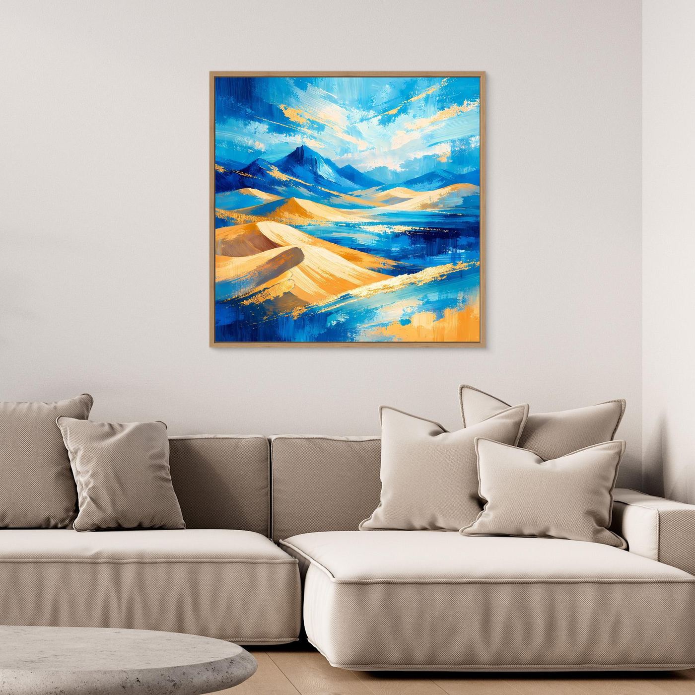 Leinwandbild mit abstrakten Dünen und Gewässer in Blau, Gold- und Gelbtönen
