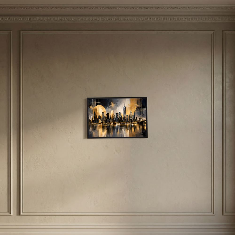 Gerahmtes Wandposter im Querformat mit New-York-Skyline in Schwarz und Gold an heller Wand