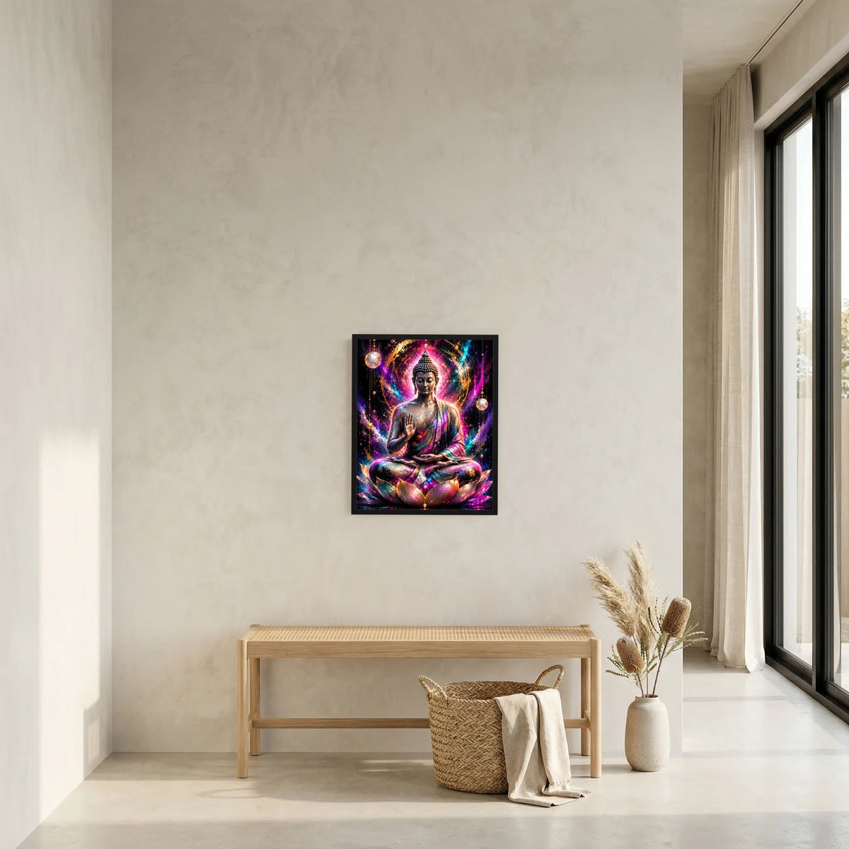 Gerahmtes Buddha-Poster mit meditiertem Buddha auf Lotus in leuchtenden Farben