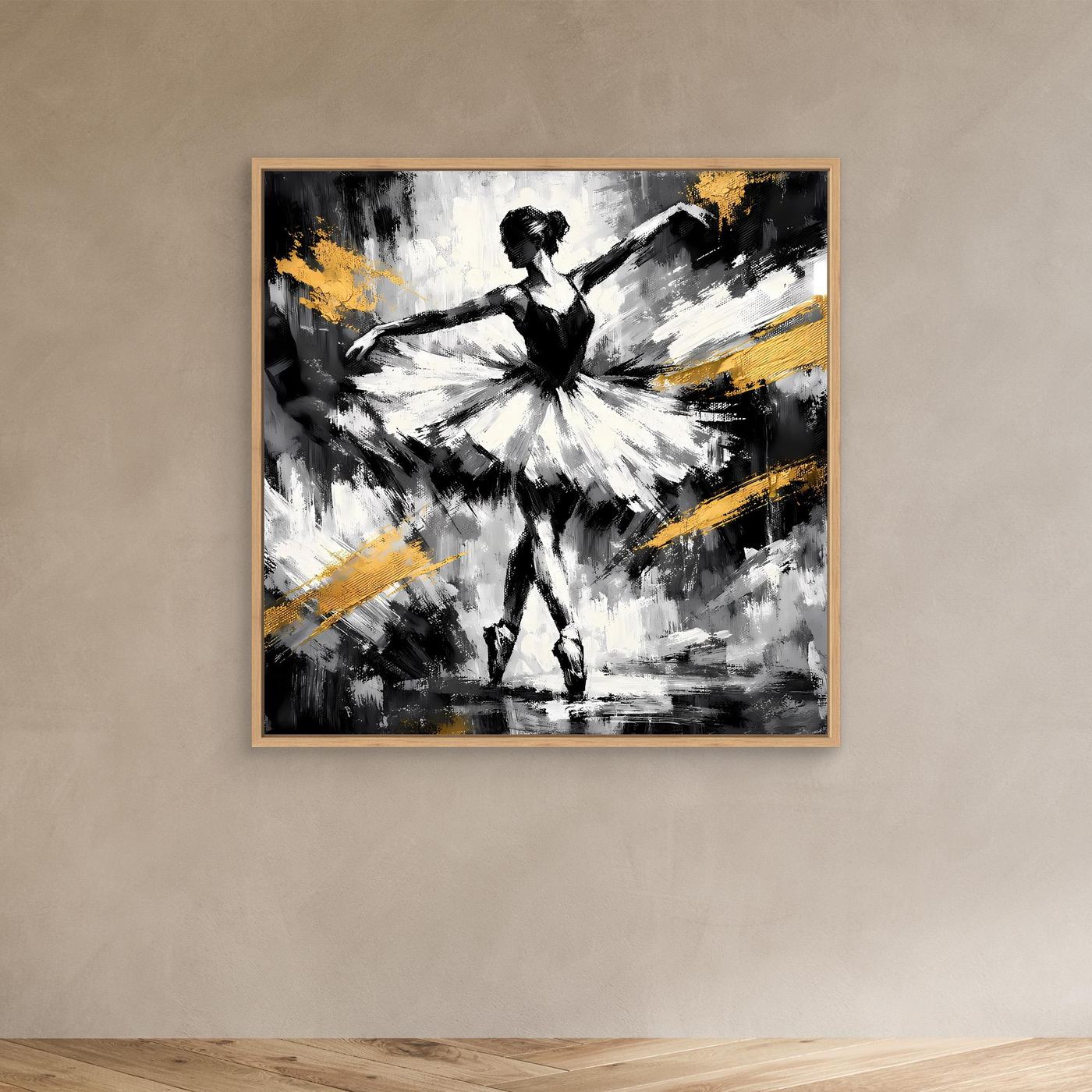 Abstraktes Leinwandbild mit Ballerina in Schwarz-Weiß mit goldenen Pinselstrichen, Holzrahmen