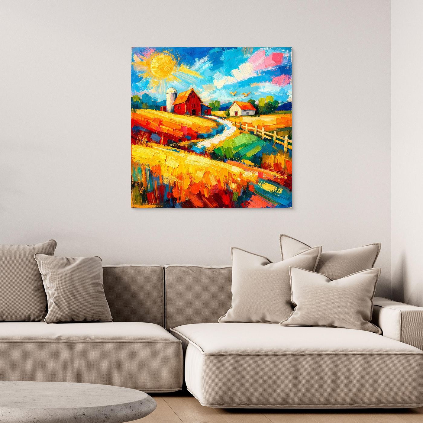 Leinwandbild mit schwarzem Rahmen: Bauernhof-Landschaft in Blau, Rot und Gelb