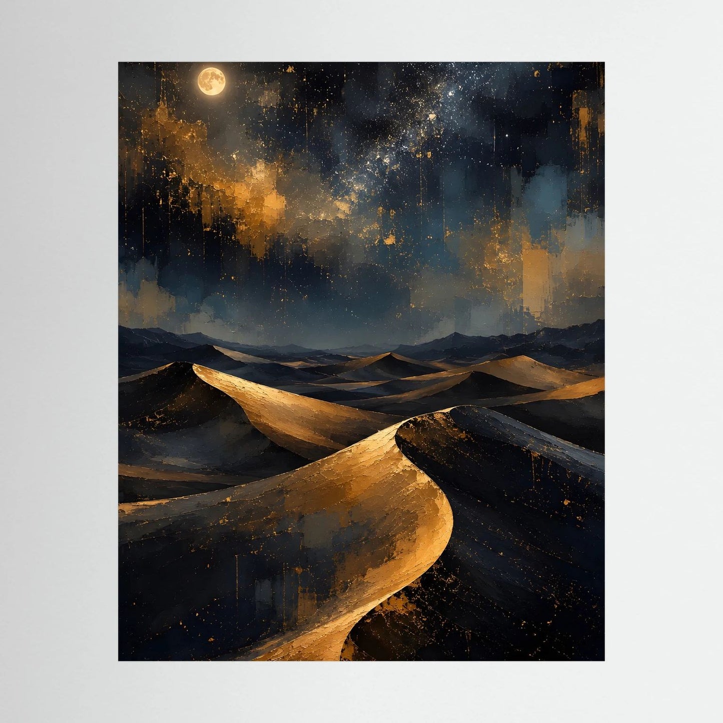Poster: abstrakte Wüstenlandschaft mit goldenen Dünen und Mond im Nachtblau