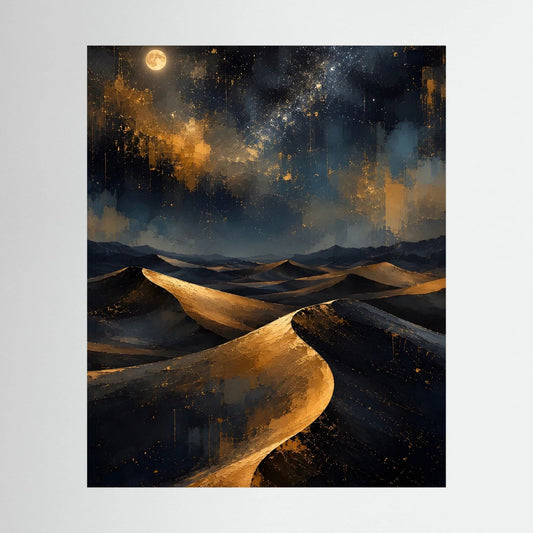 Poster: abstrakte Wüstenlandschaft mit goldenen Dünen und Mond im Nachtblau