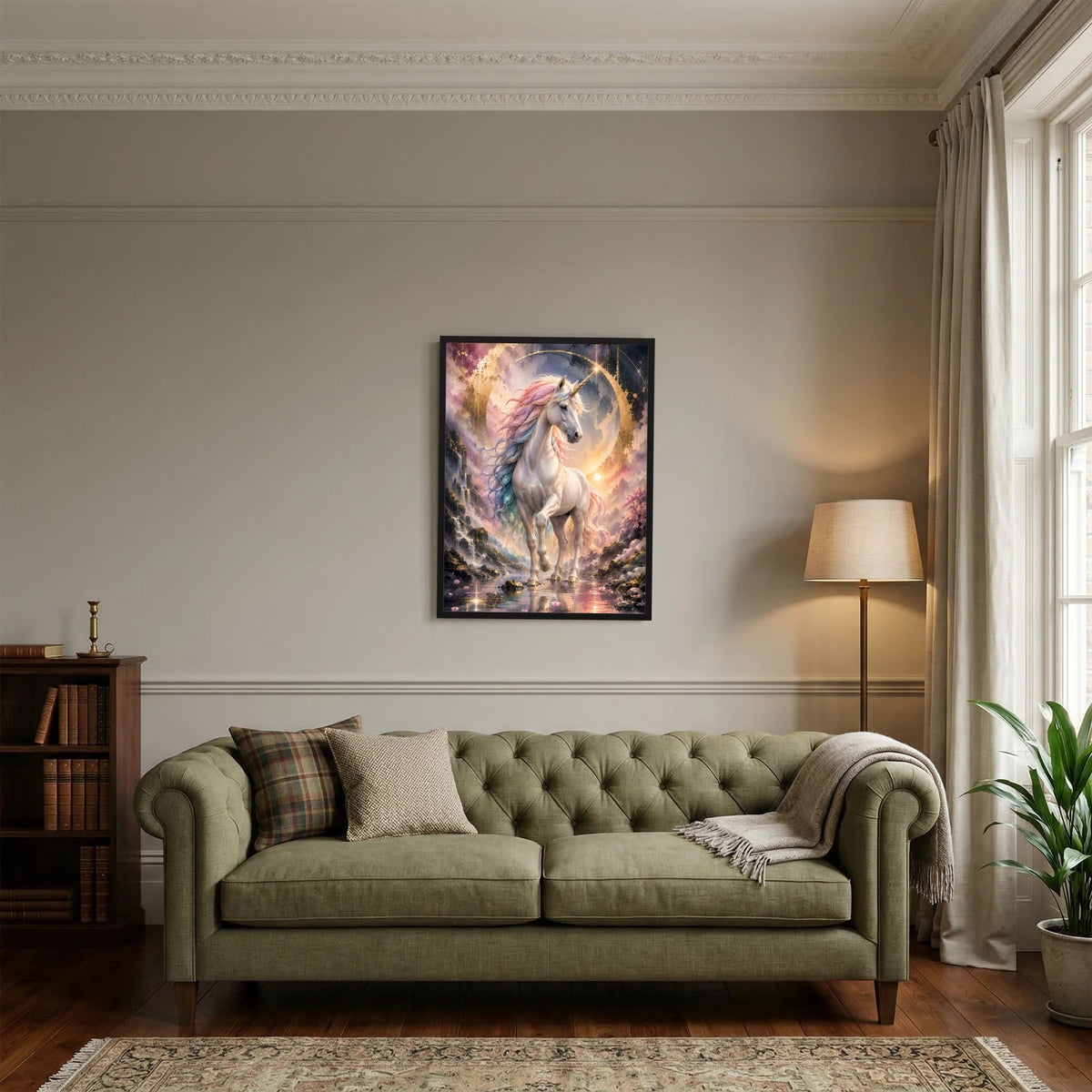 Einhorn-Poster in schwarzem Rahmen: geflügeltes weißes Einhorn mit goldenem Kreis.