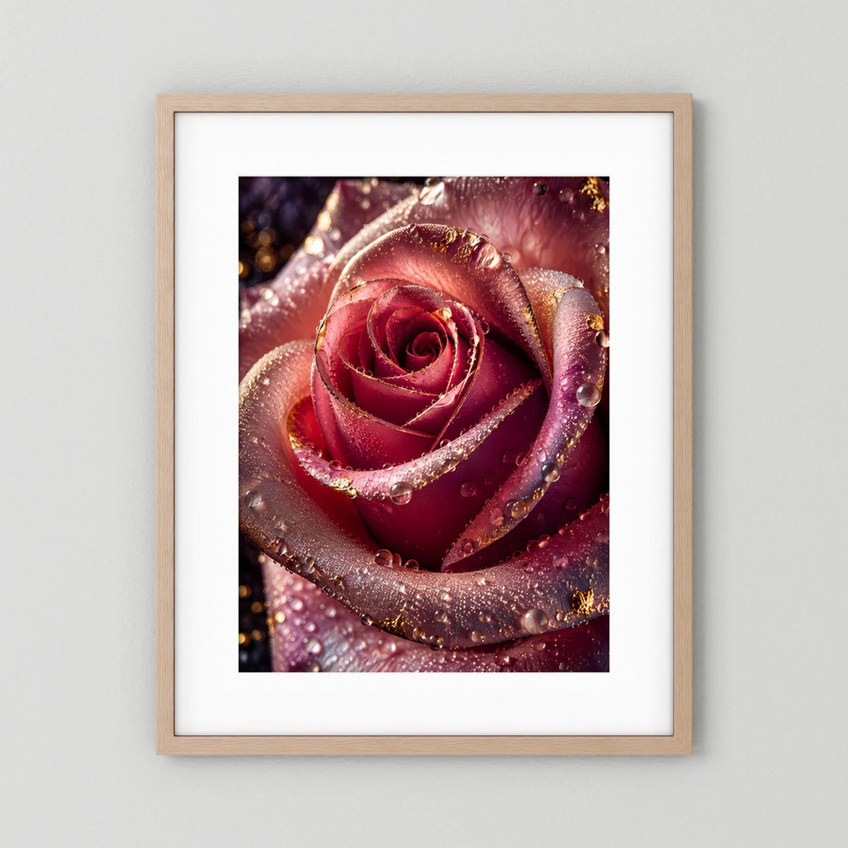 Hochformat-Poster mit roter Rose, Goldakzenten und Wassertropfen im Holzrahmen mit weißem Rand