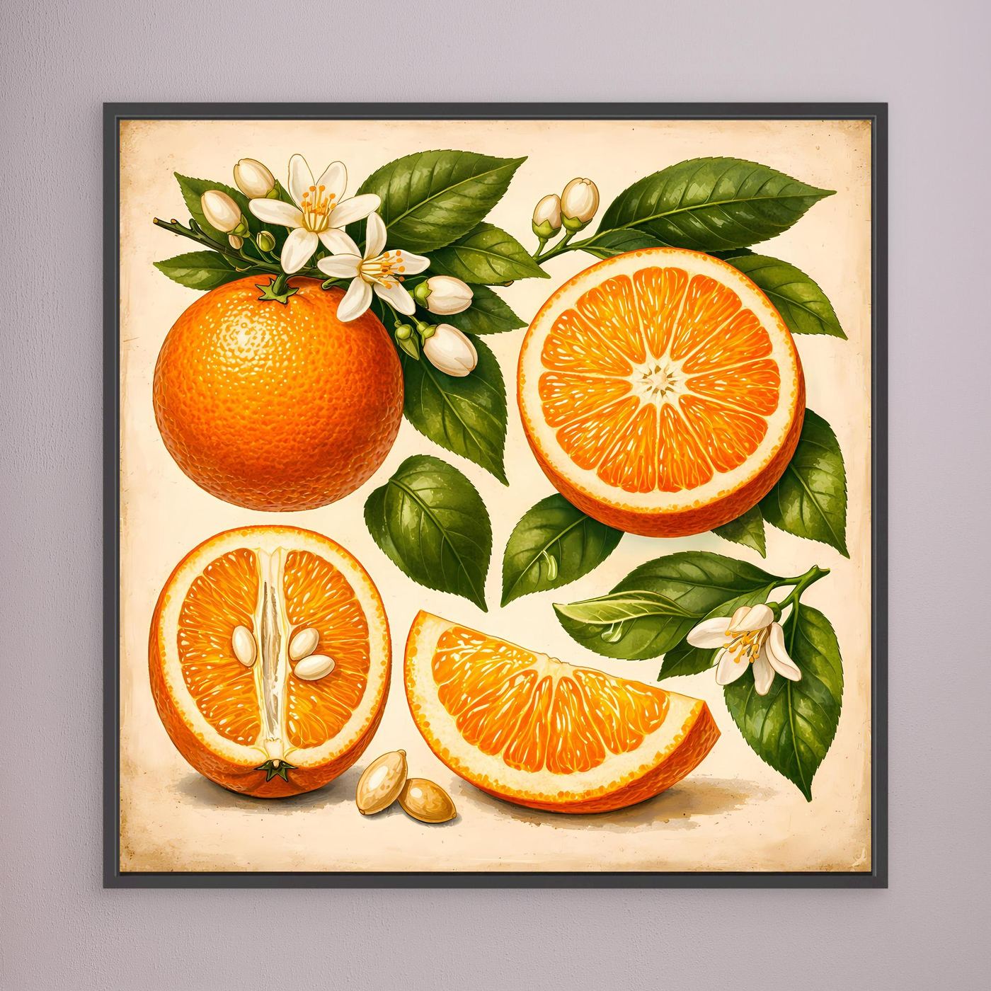 Schwarz gerahmtes Leinwandbild mit Vintage-Orangen, halbierter Zitrusfrucht und Blättern