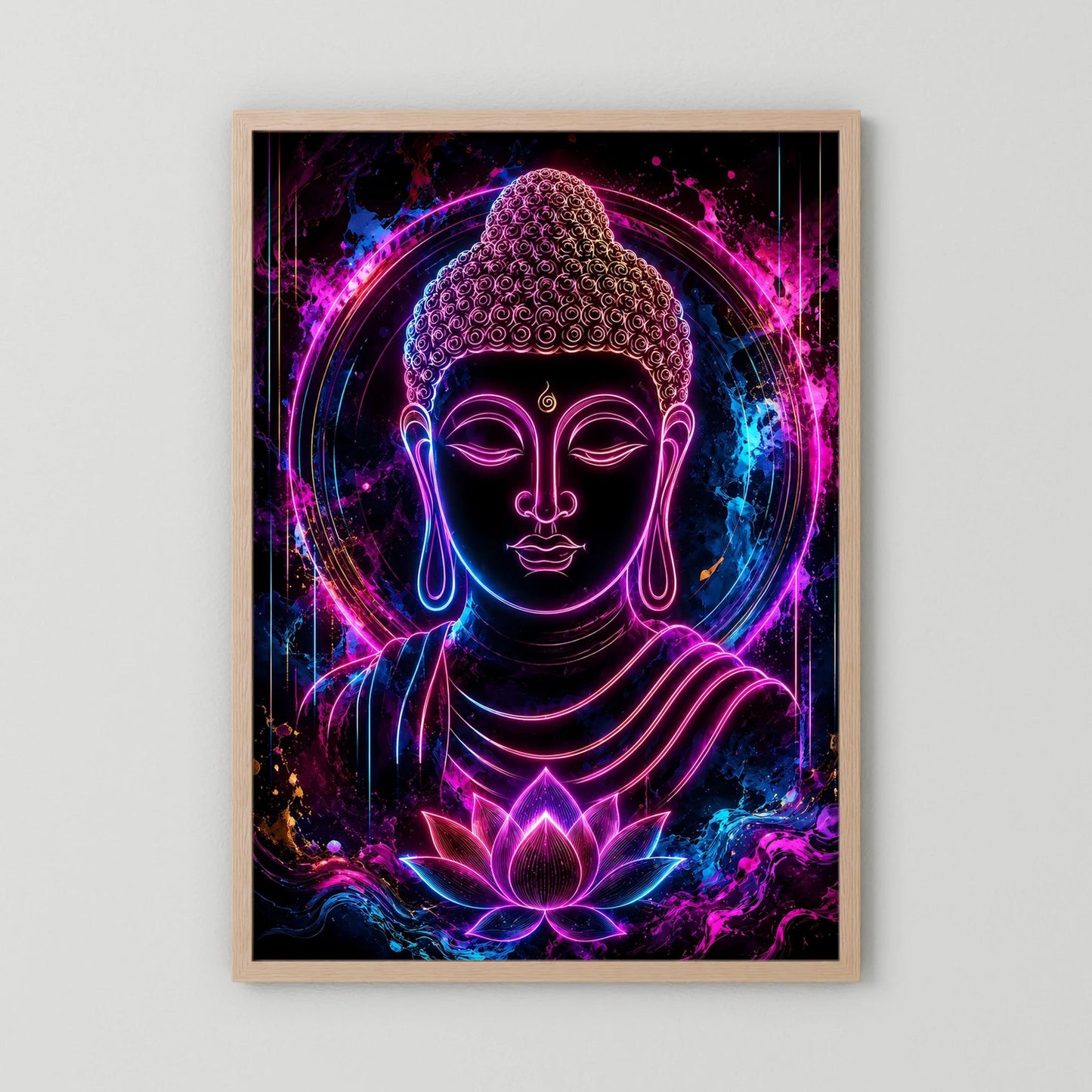 Neon-Buddha-Kunstwerk im hellbraunen Holzrahmen, Buddha in Pink-Blau Neon-Licht