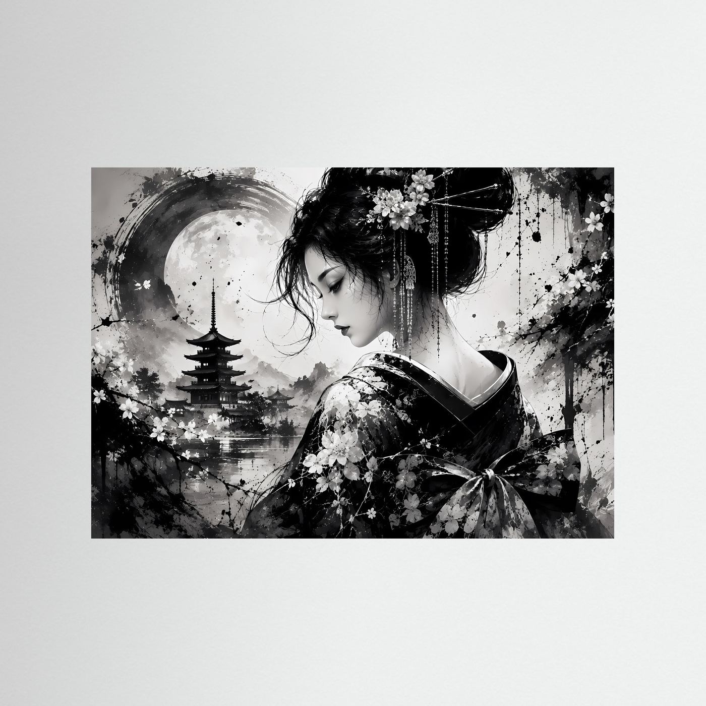 Geisha Poster Schwarz Weiß | Japanische Pagode & Vollmond | Sumi-e Wandbild | Asiatische Zen Kunst | Moderne Japan Wall Art