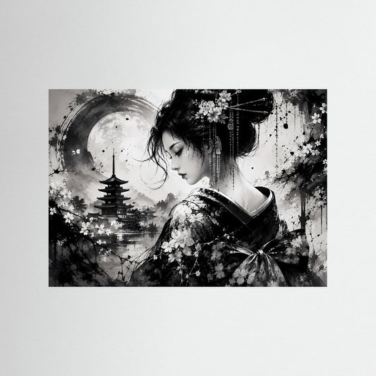 Rahmenloses Schwarzweiß-Wandbild mit Geisha im Kimono und japanischer Pagode