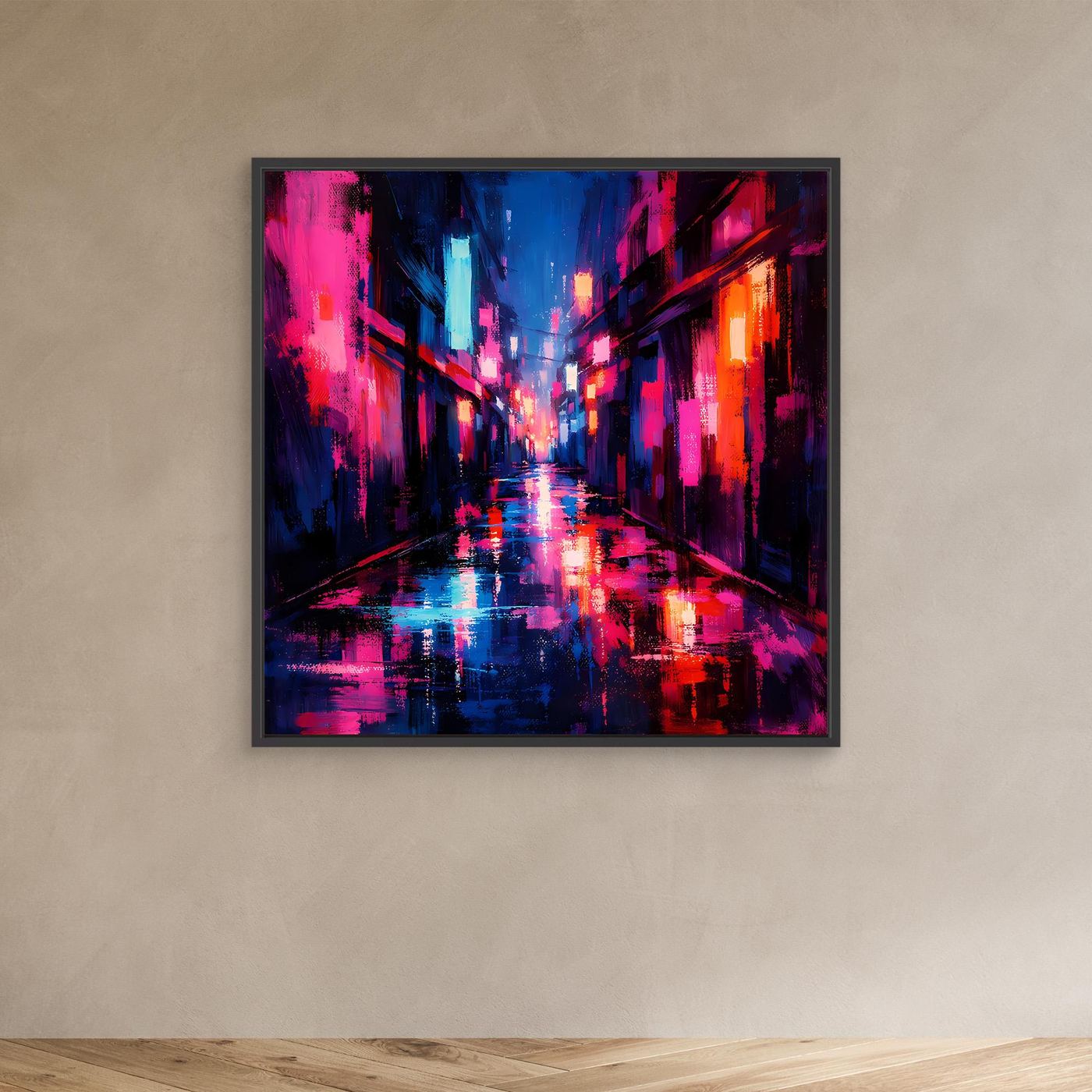 Leinwand Cyberpunk Nachtgasse im Regen | Modernes Neon Wandbild