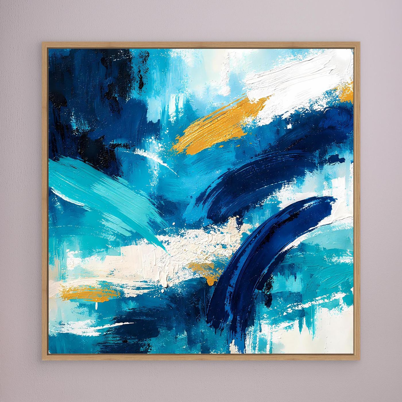 Abstract blue and gold canvas wall art, oak wood frame