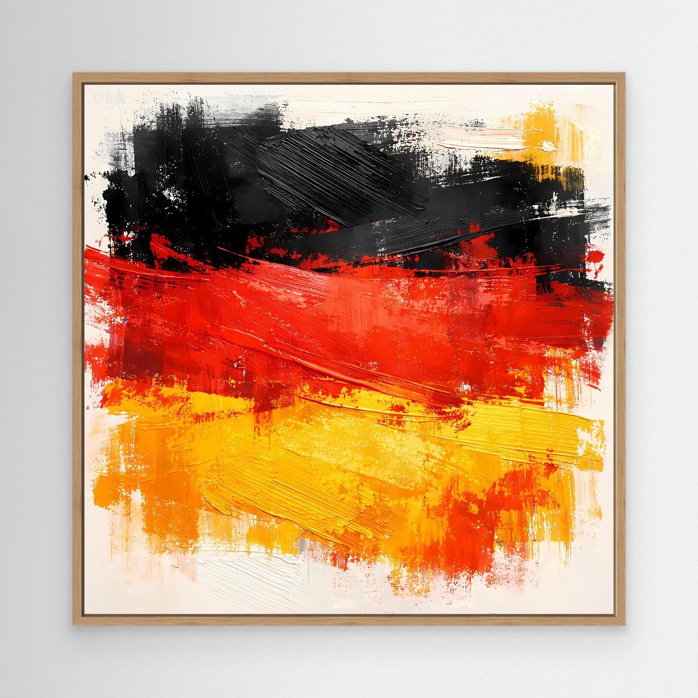 Abstract Germany flag wall art in a light oak frame with red, black, and yellow paint