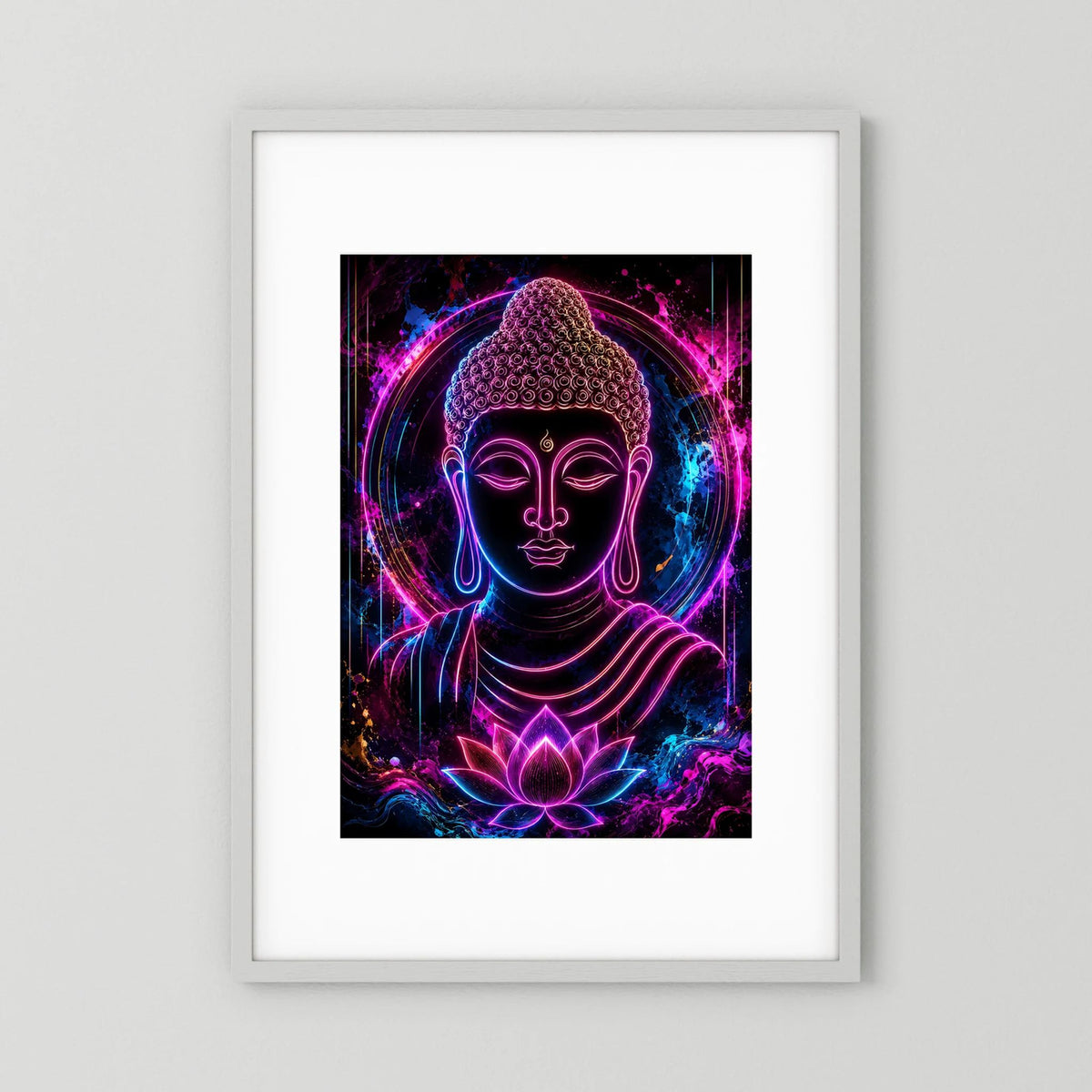 Gerahmtes Neon-Buddha-Poster mit Lotus, lila-pink & blau, Hochformat