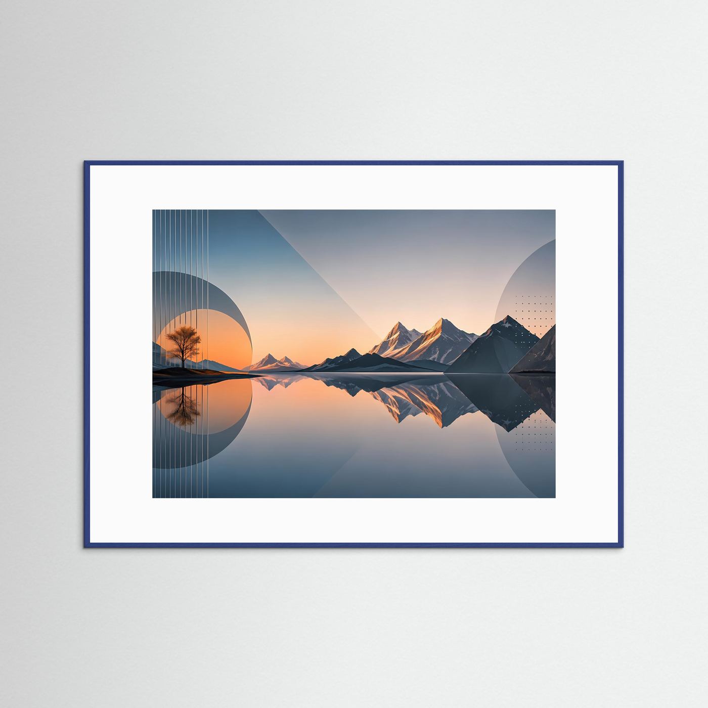 Poster im Querformat, abstrakte Berglandschaft zum Sonnenuntergang, blau gerahmt