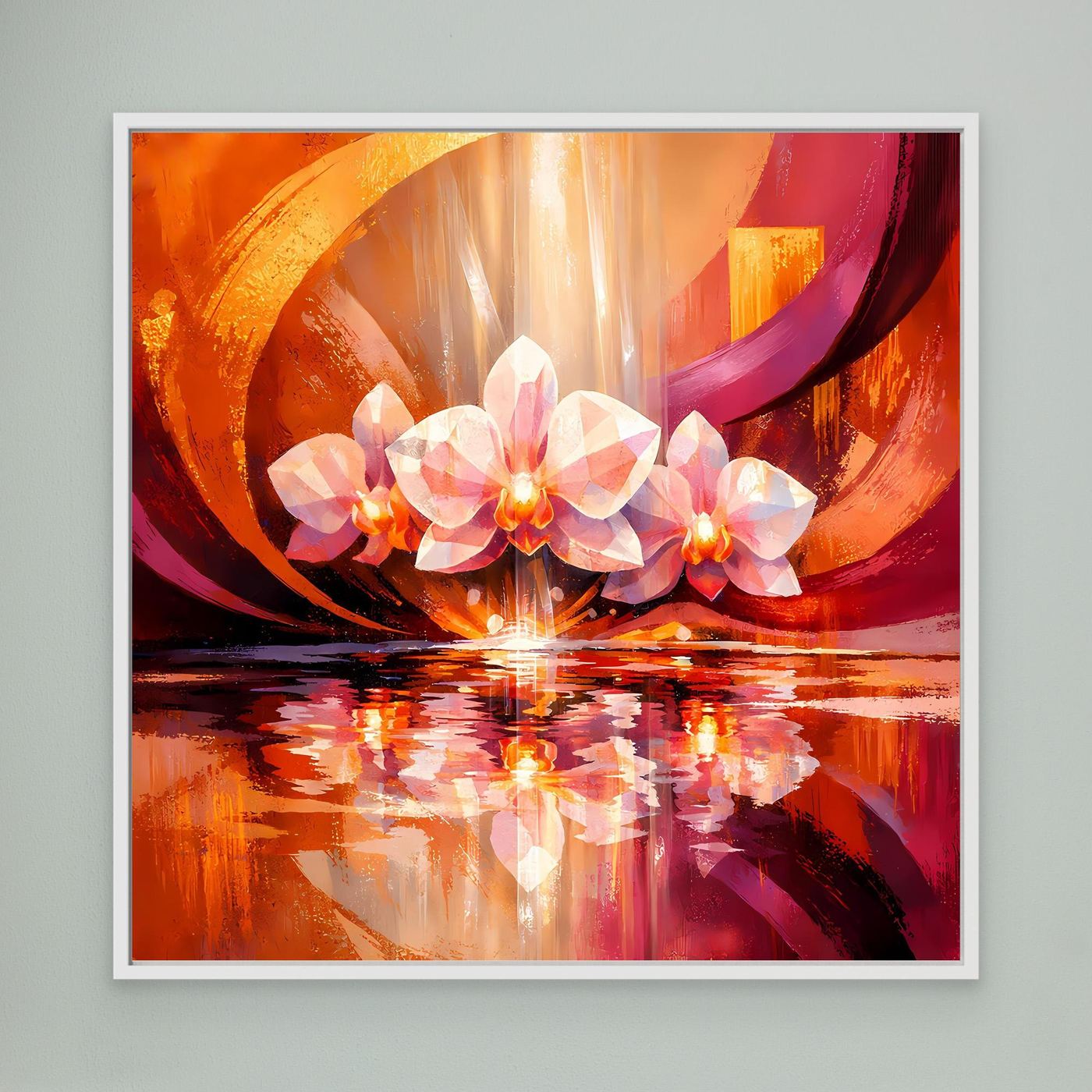 Leinwandbild mit abstrakten Orchideen, orange-roter Farbfläche und Spiegelung im Wasser, weiß gerahmt
