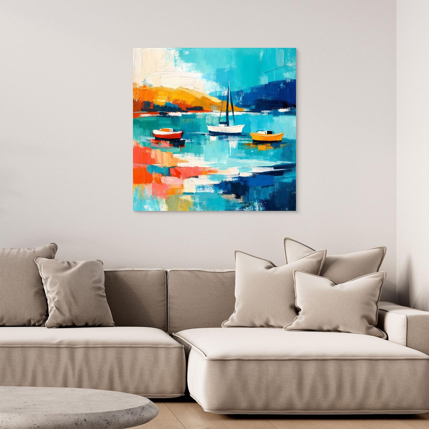 Abstract sailboat canvas wall art with blue and orange water and small boats