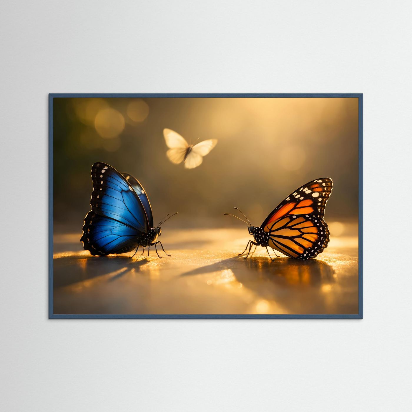 Poster im Querformat mit blauem und orangefarbenem Schmetterling, dunkler Rahmen