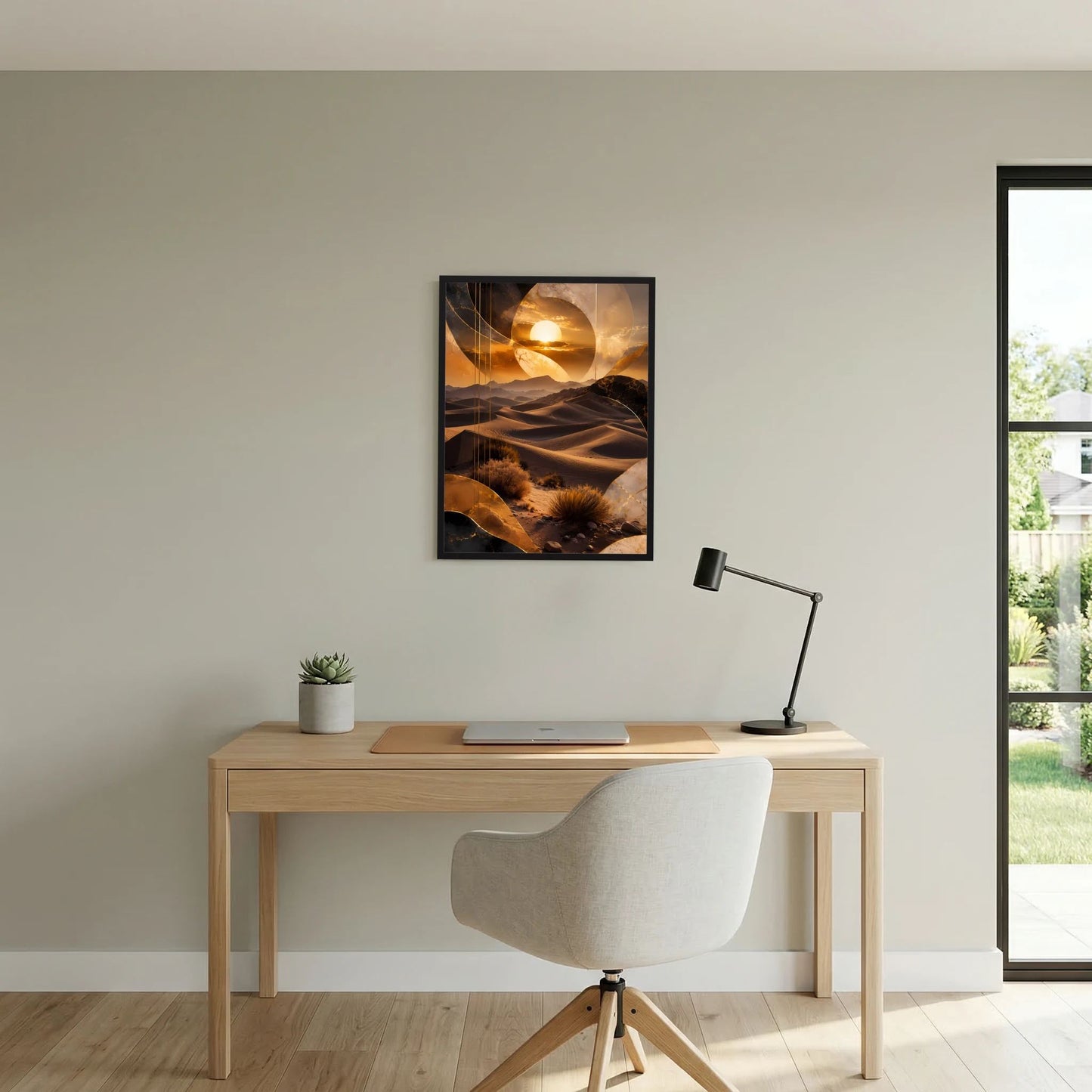 Gerahmtes Poster im Hochformat mit goldener Wüste, abstrakter Sonne und Dünen