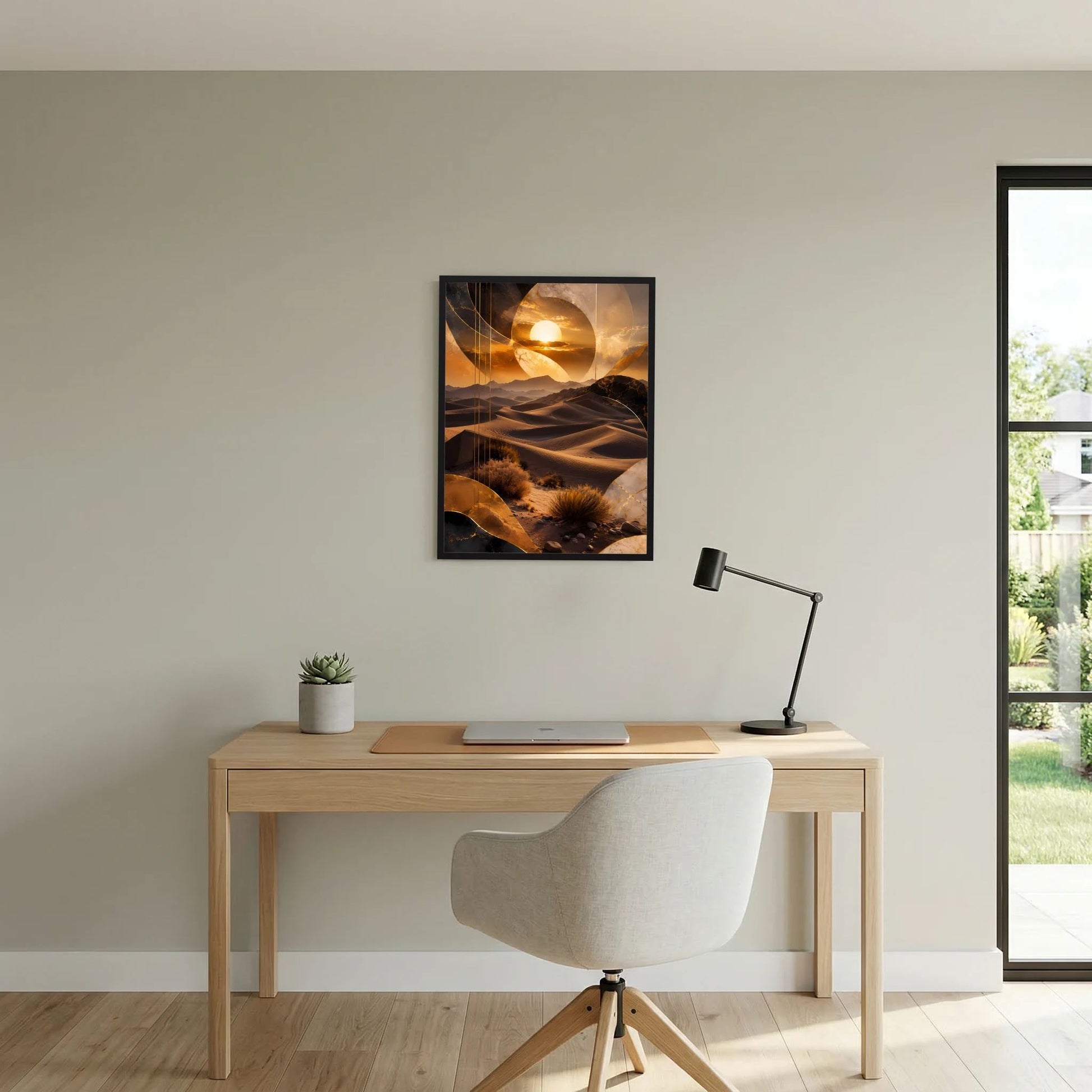 Gerahmtes Poster im Hochformat mit goldener Wüste, abstrakter Sonne und Dünen