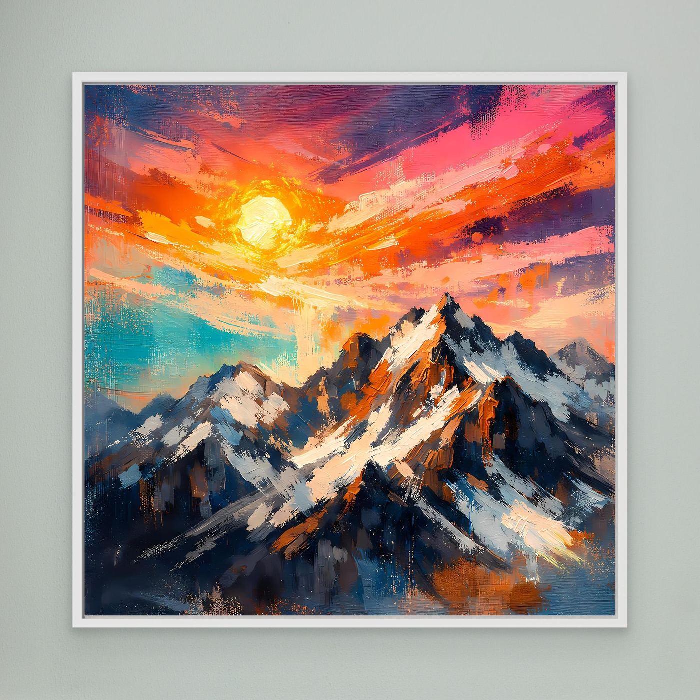 Leinwand Alpenglühen an verschneiten Berggipfeln | Abstraktes Gebirge Wandbild