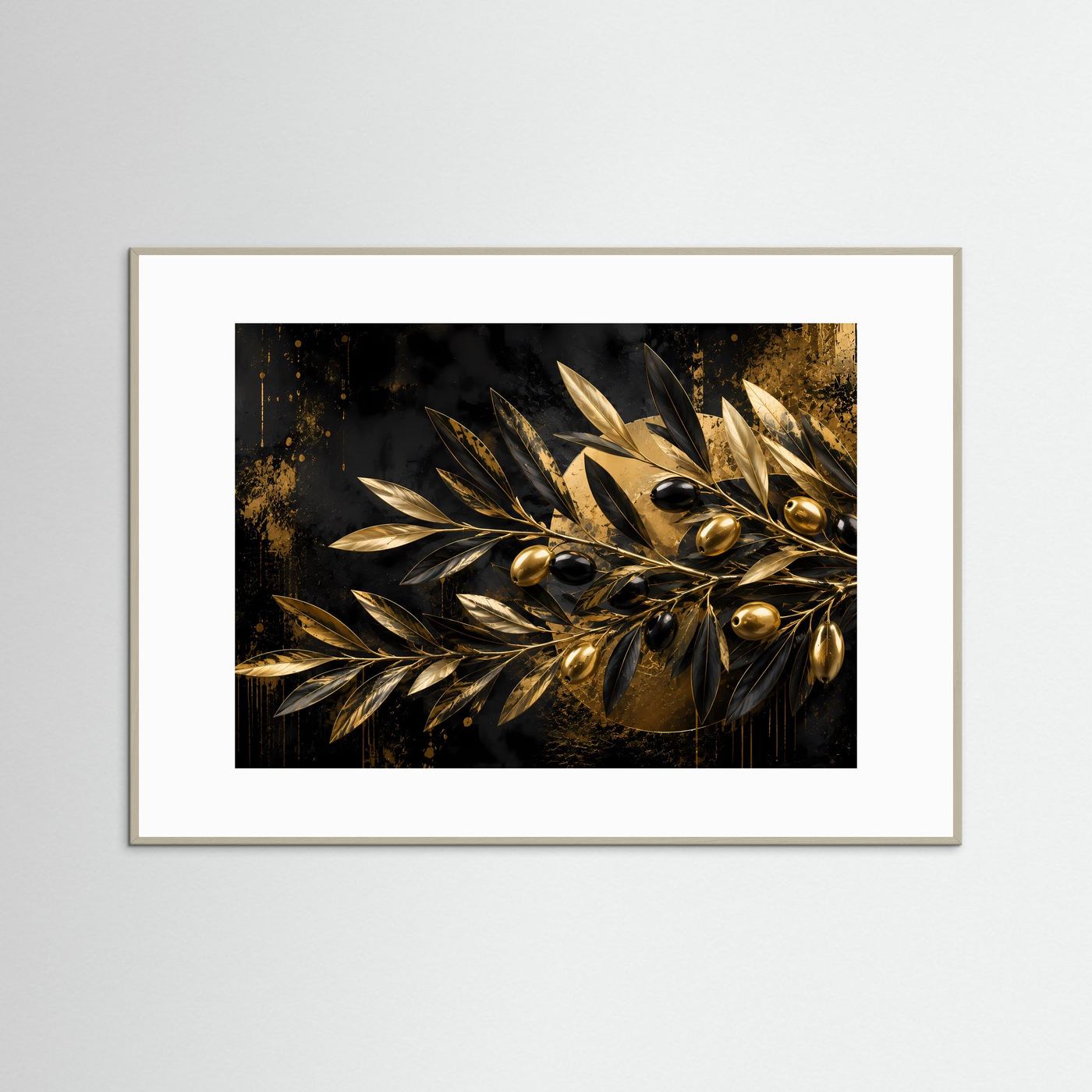 Querformat-Poster mit goldenem Olivenzweig auf dunklem Hintergrund, grauer Rahmen