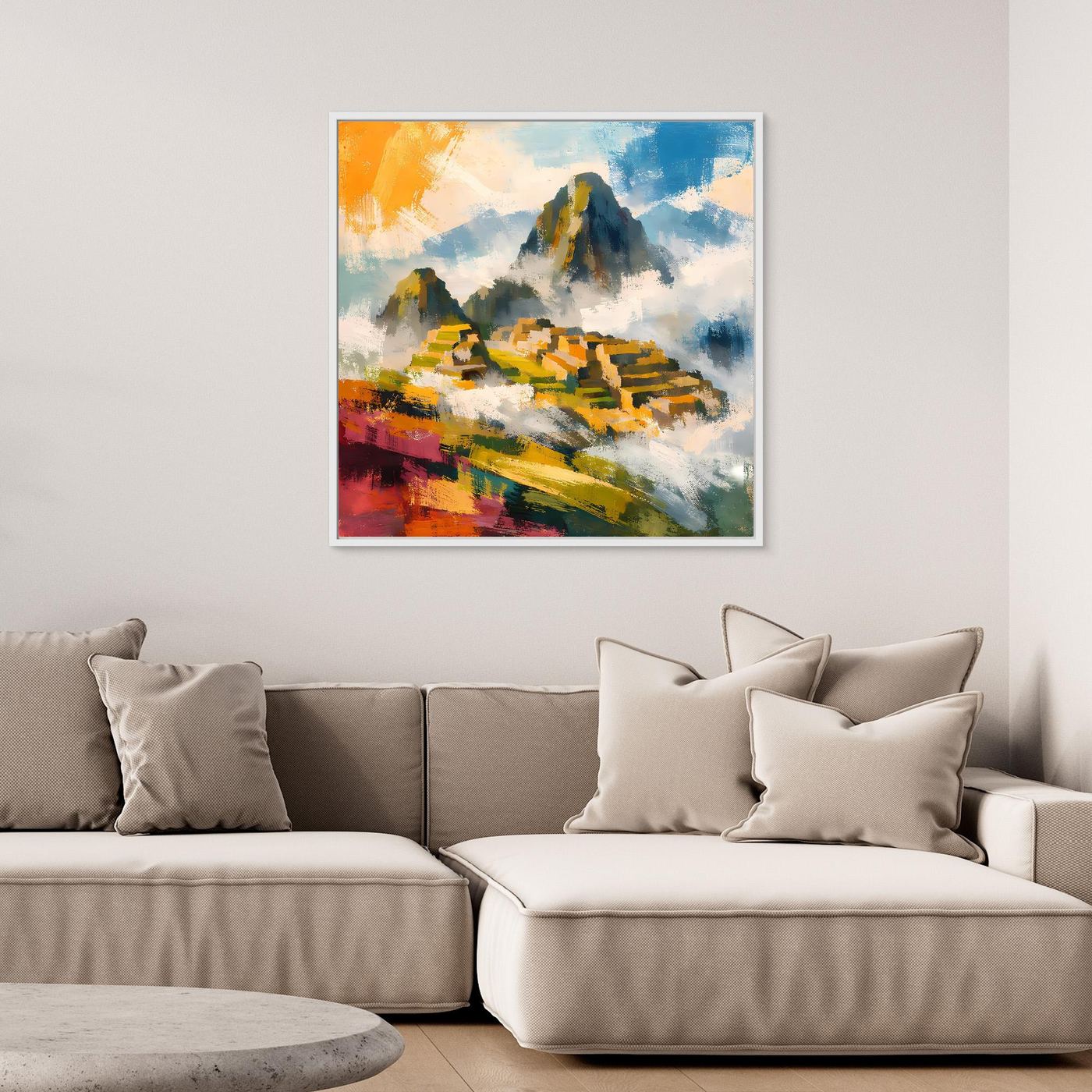 Quadratisches Leinwandwandbild mit abstrakter Inka-Berglandschaft, leuchtende Farben, mit hellem Rahmen