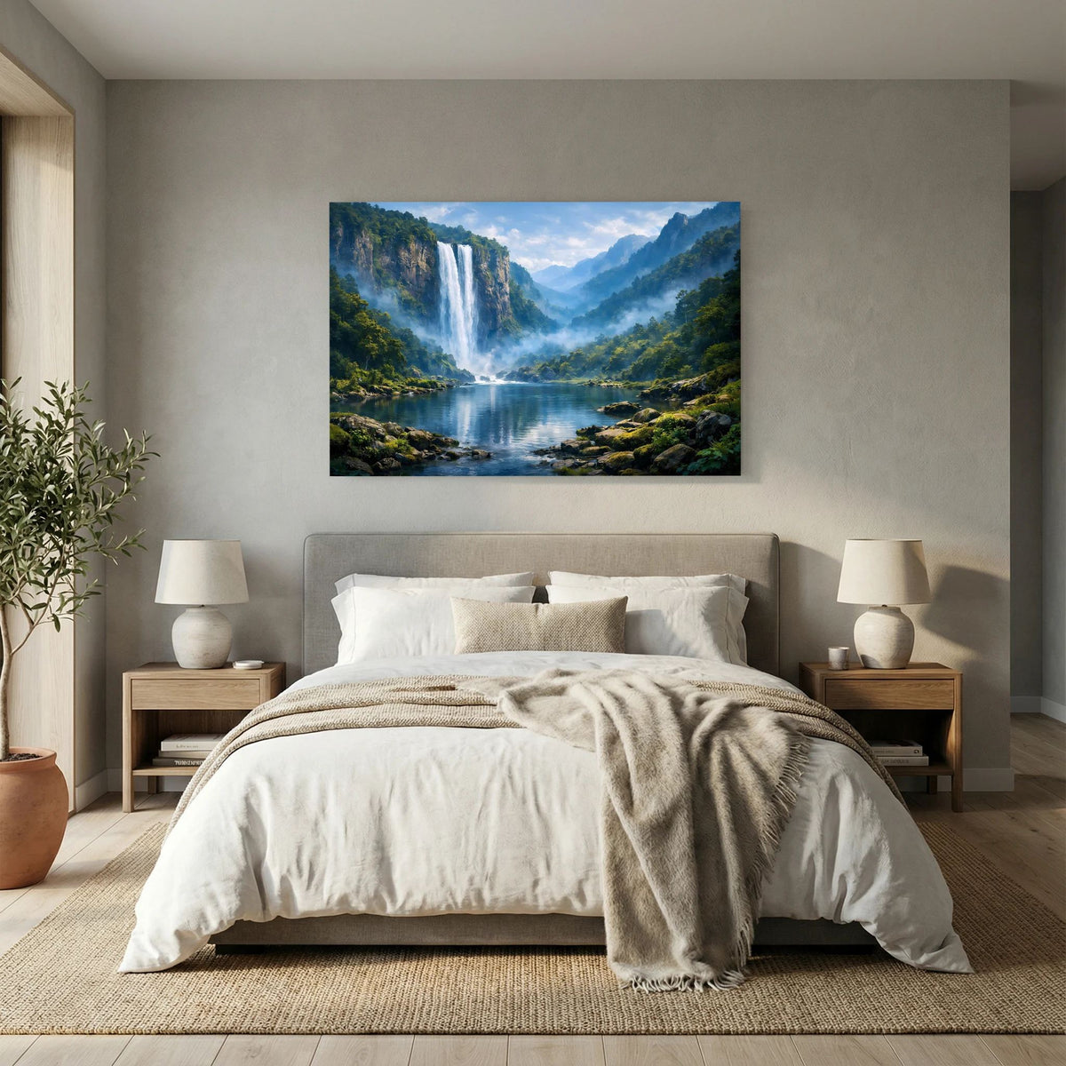 Kleines Wandbild: Wasserfall im Bergwald über See, Landschaft über dem Bett