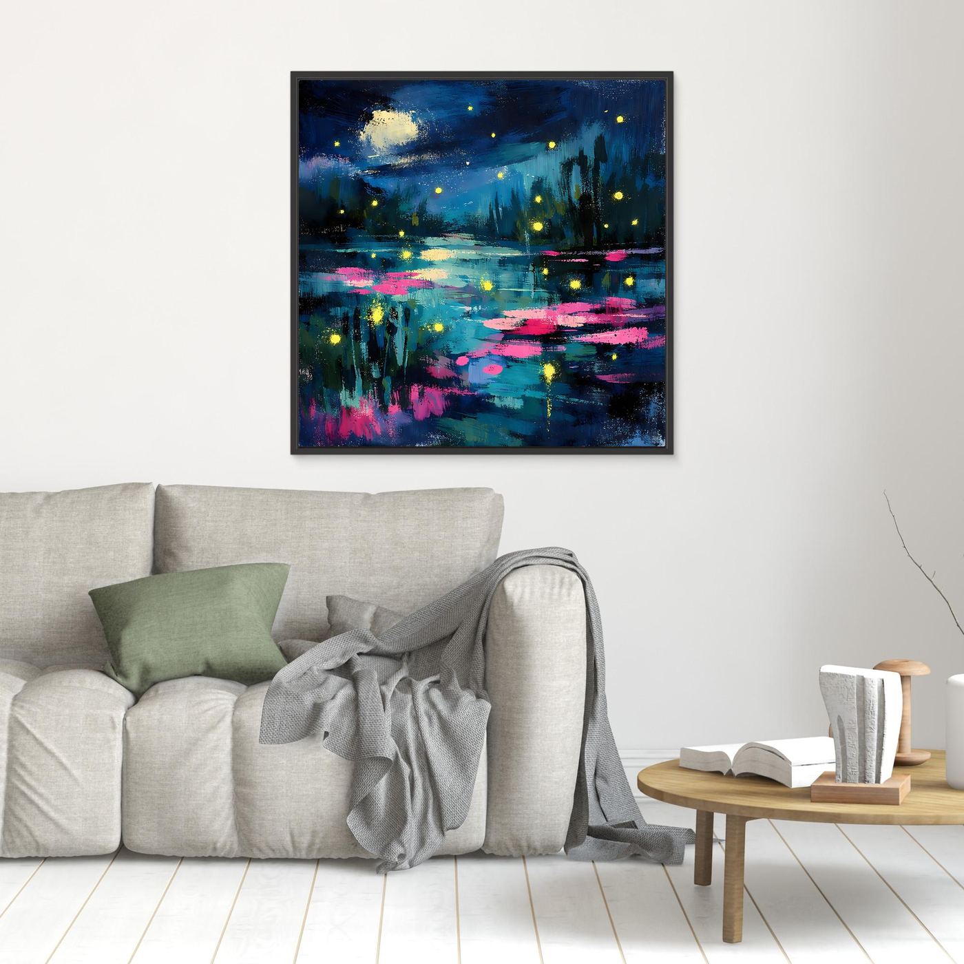 Small abstract night lake wall art with glowing fireflies, blue lake water and magenta lily pads, black frame