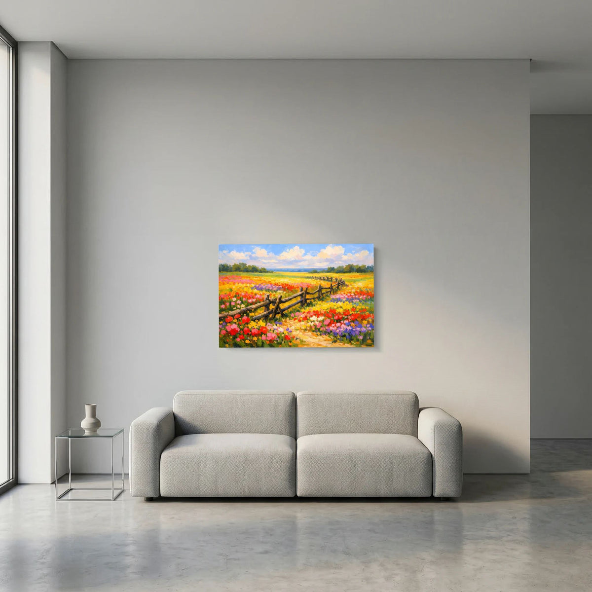 Querformatiges Wandbild mit blühender Sommerwiese und Holzzaun, Landschaftsdruck