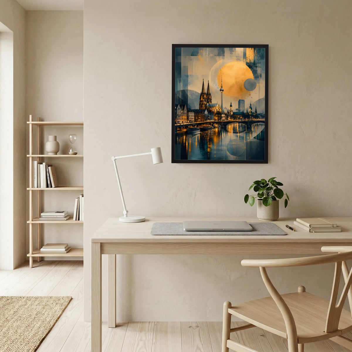 Gerahmtes Poster mit Kölner Dom, Skyline am Rhein und goldene Sonne in Blau-Gold