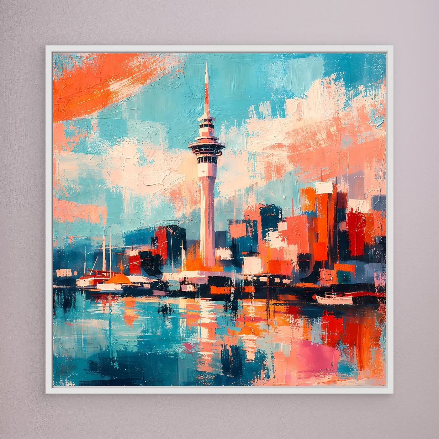 Wandbild mit abstrakter Skyline und Sky Tower, türkis-orangefarbener Farbverlauf, weißer Rahmen