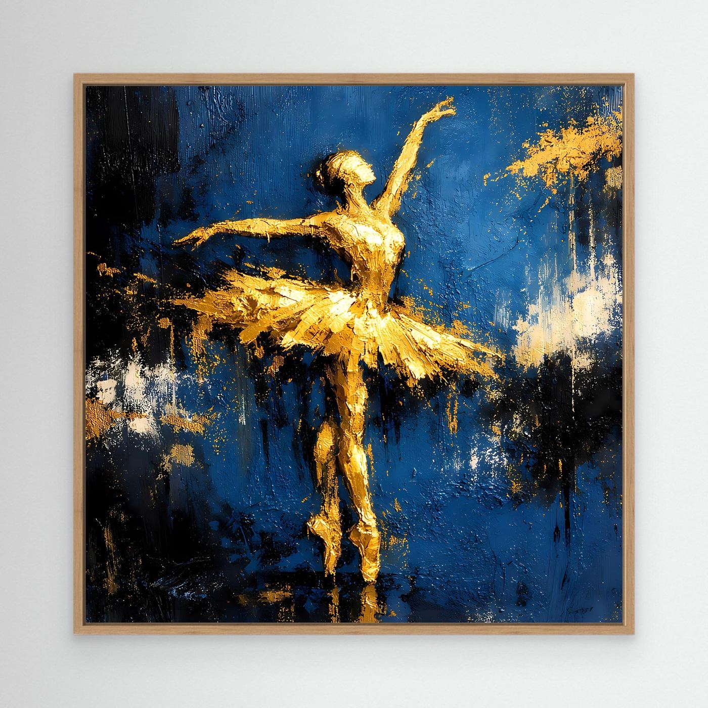 Leinwand Elegante Ballerina in Gold und Blau | Abstraktes Ballett Wandbild