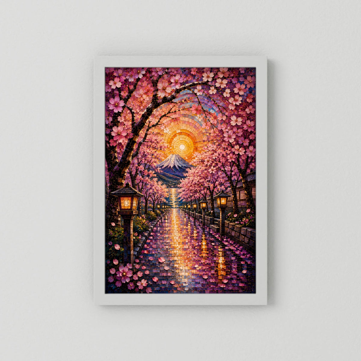 Kirschblütenweg zum Fuji | Japanisches Mosaik mit Sakura & Laternen | Poster Hochformat